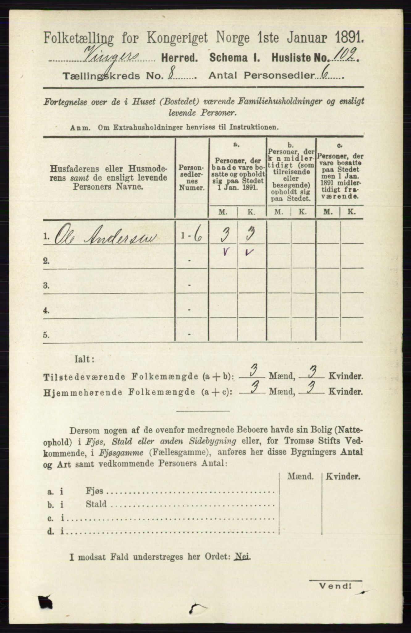 RA, 1891 census for 0421 Vinger, 1891, p. 3629