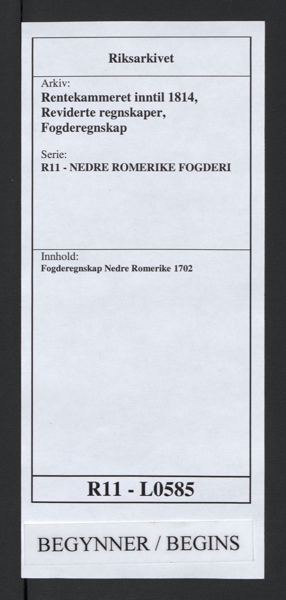 Rentekammeret inntil 1814, Reviderte regnskaper, Fogderegnskap, RA/EA-4092/R11/L0585: Fogderegnskap Nedre Romerike, 1702, p. 1