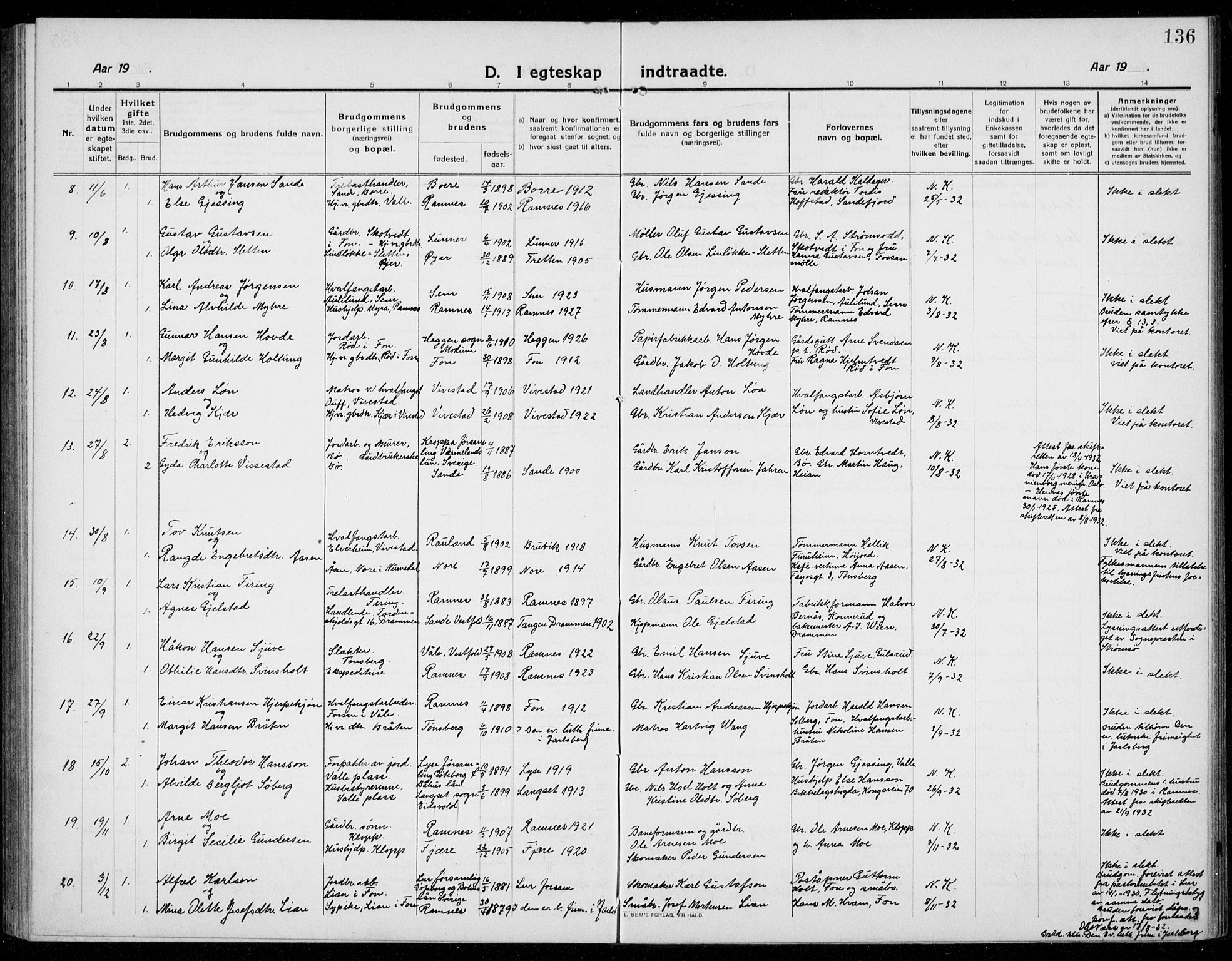 Ramnes kirkebøker, SAKO/A-314/G/Ga/L0005: Parish register (copy) no. I 5, 1912-1936, p. 136