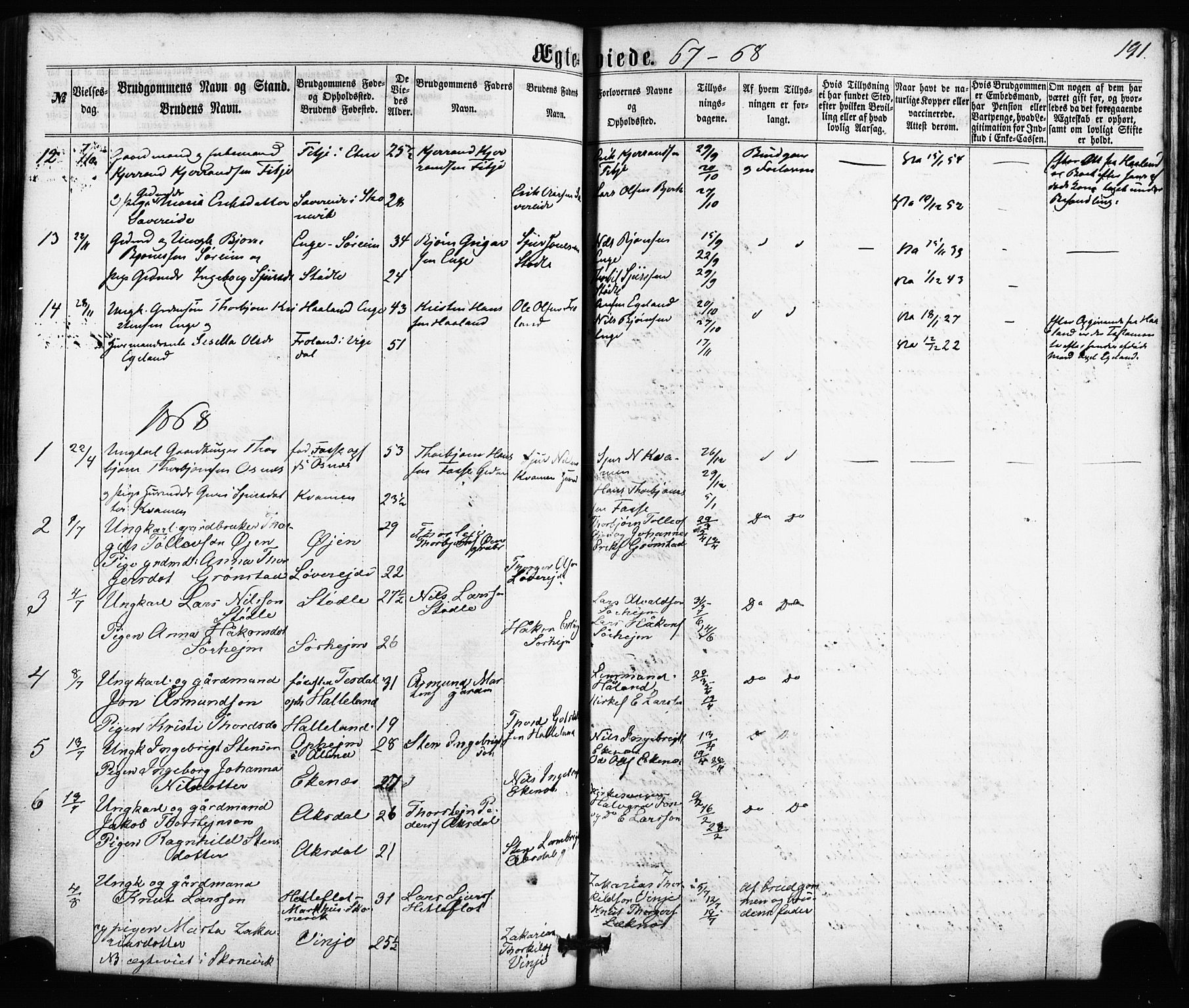 Etne sokneprestembete, SAB/A-75001/H/Haa: Parish register (official) no. A 9, 1862-1878, p. 191