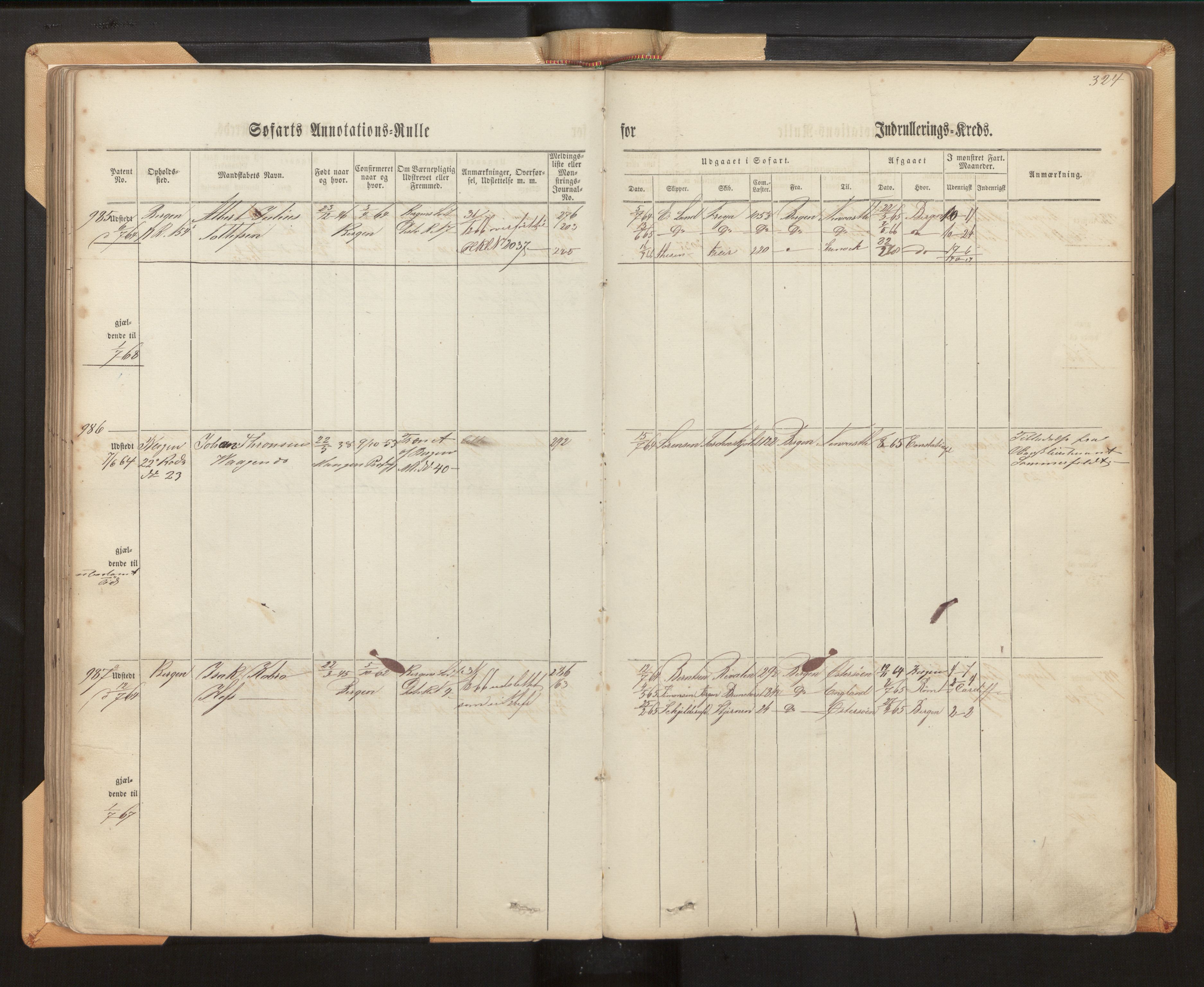 Innrulleringssjefen i Bergen, SAB/A-100050/F/Fh/L0006: Sjøfarts- og annotasjonsrulle for Bergen krets, fol. 239 - ut, 1860-1867, p. 324