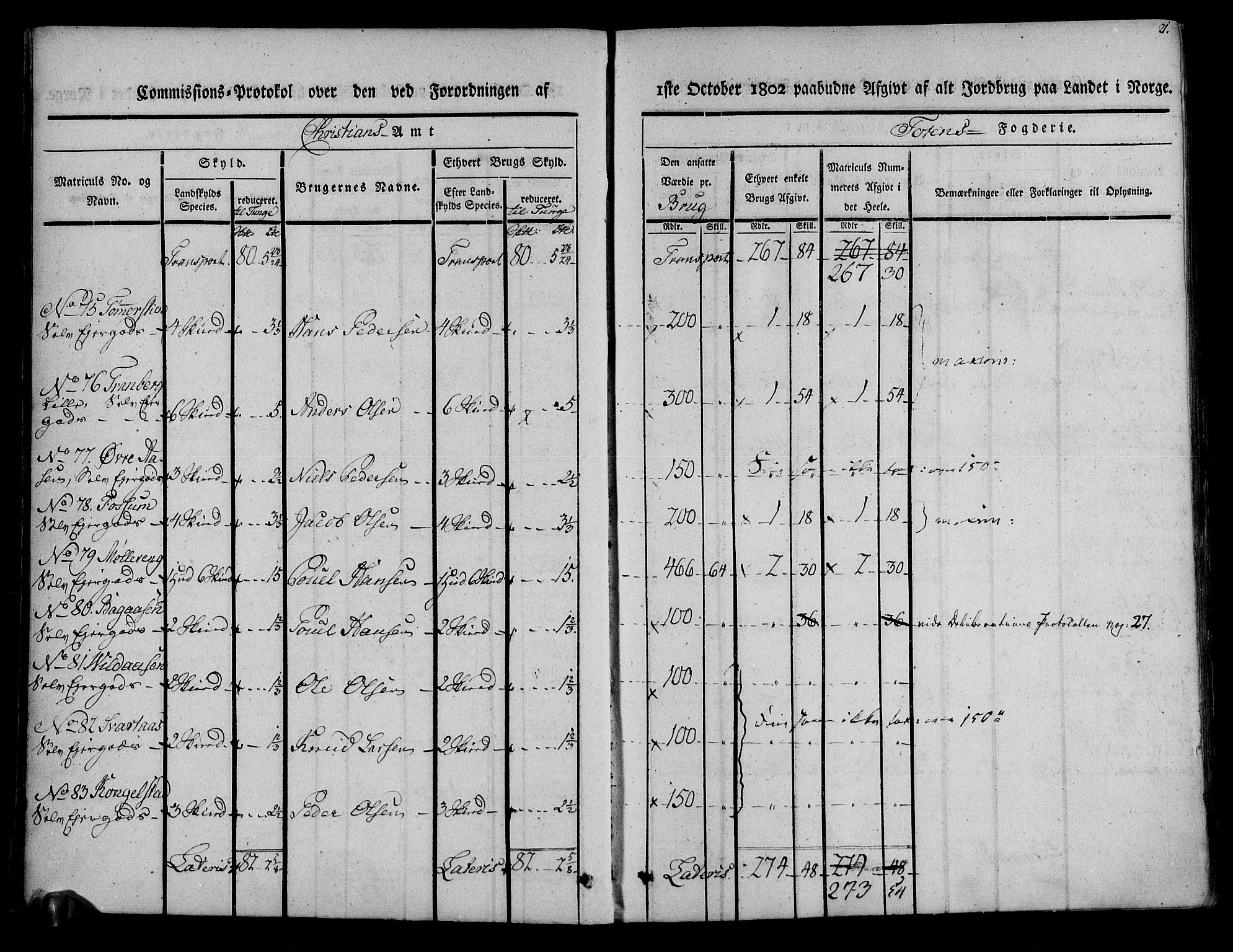 Rentekammeret inntil 1814, Realistisk ordnet avdeling, AV/RA-EA-4070/N/Ne/Nea/L0036: Toten fogderi. Kommisjonsprotokoll, 1803, p. 13