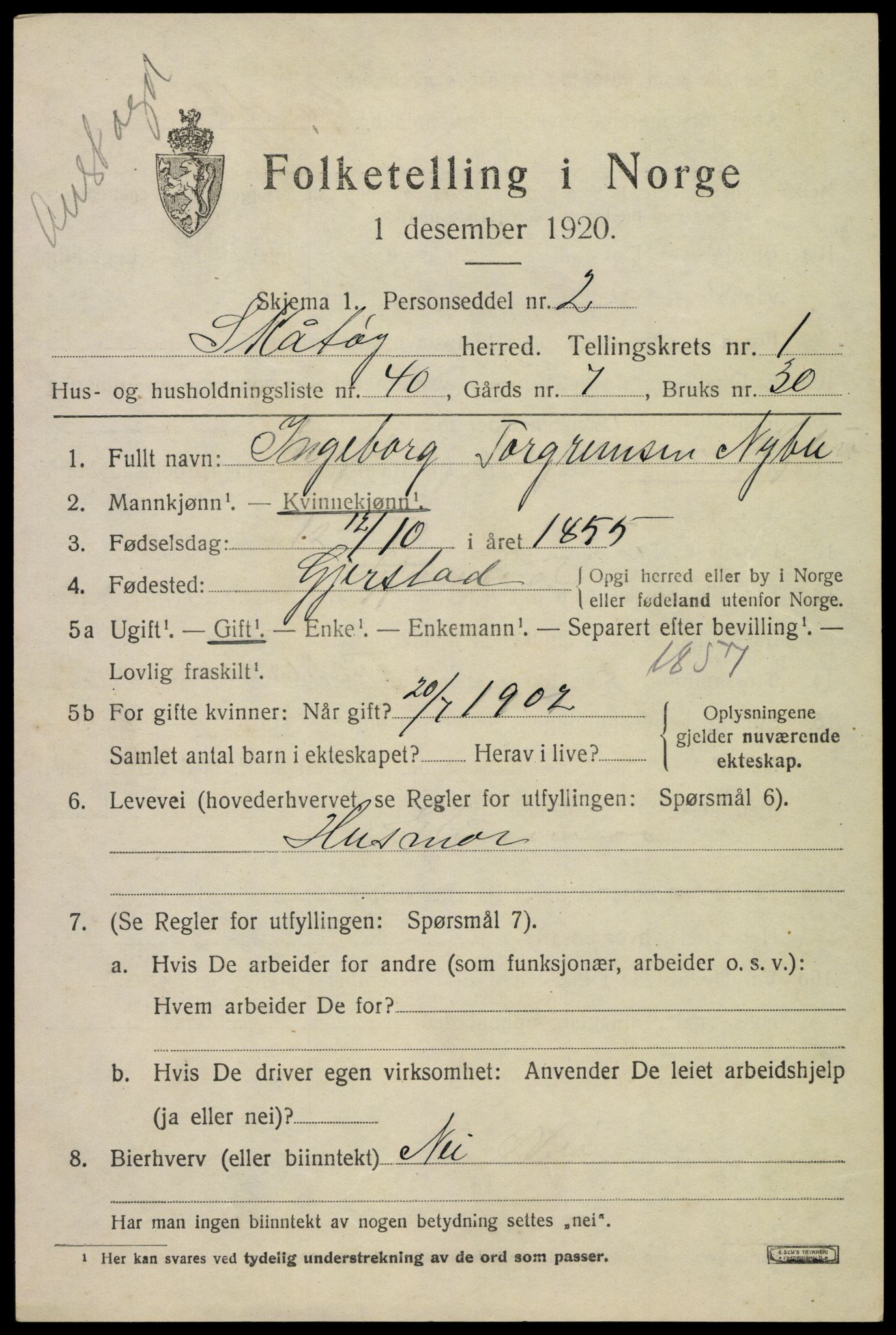 SAKO, 1920 census for Skåtøy, 1920, p. 2140