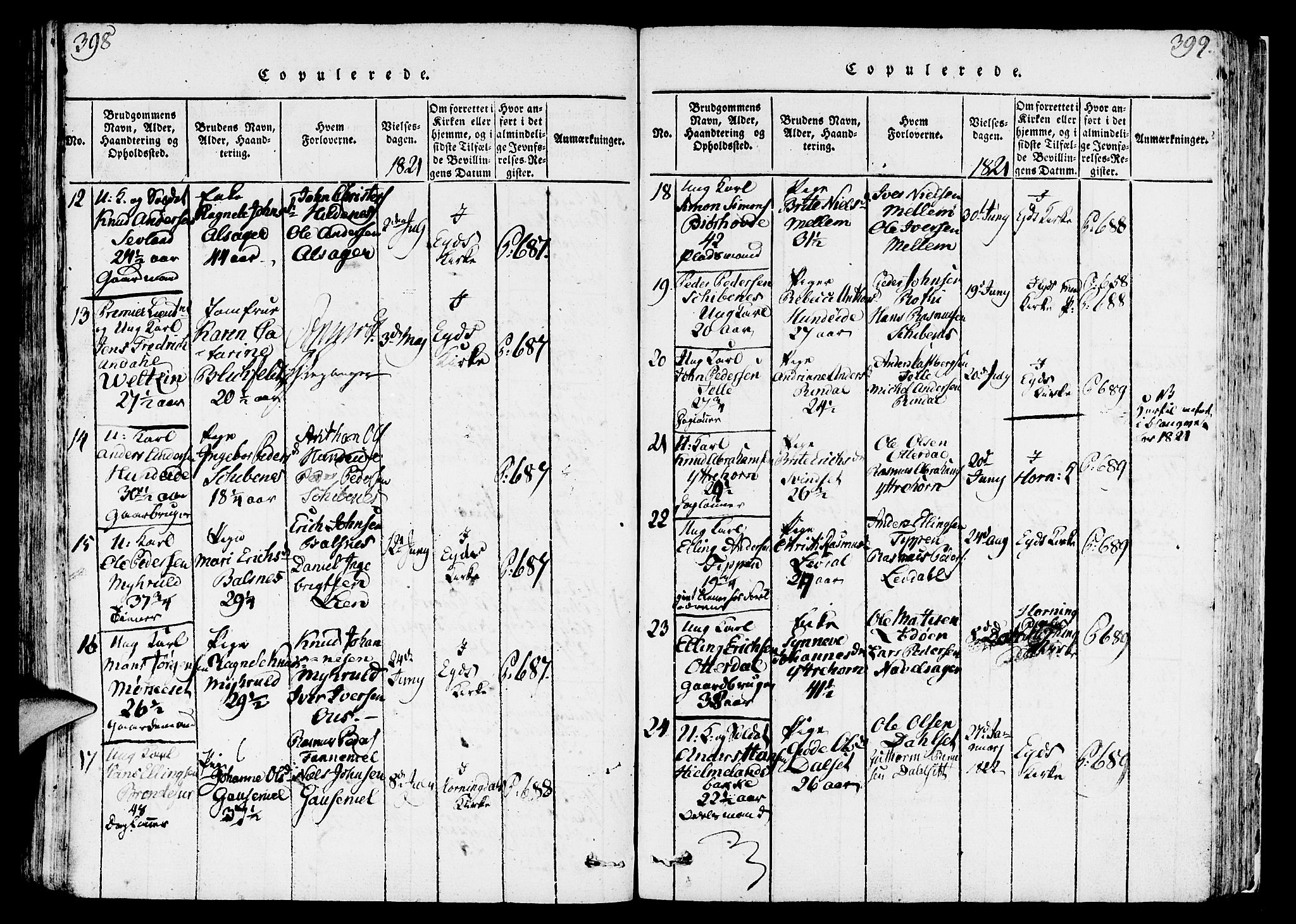 Eid sokneprestembete, AV/SAB-A-82301/H/Haa/Haaa/L0005: Parish register (official) no. A 5, 1816-1830, p. 398-399