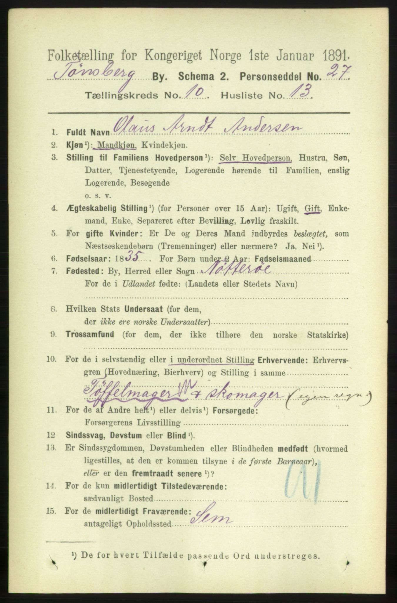 RA, 1891 census for 0705 Tønsberg, 1891, p. 3787