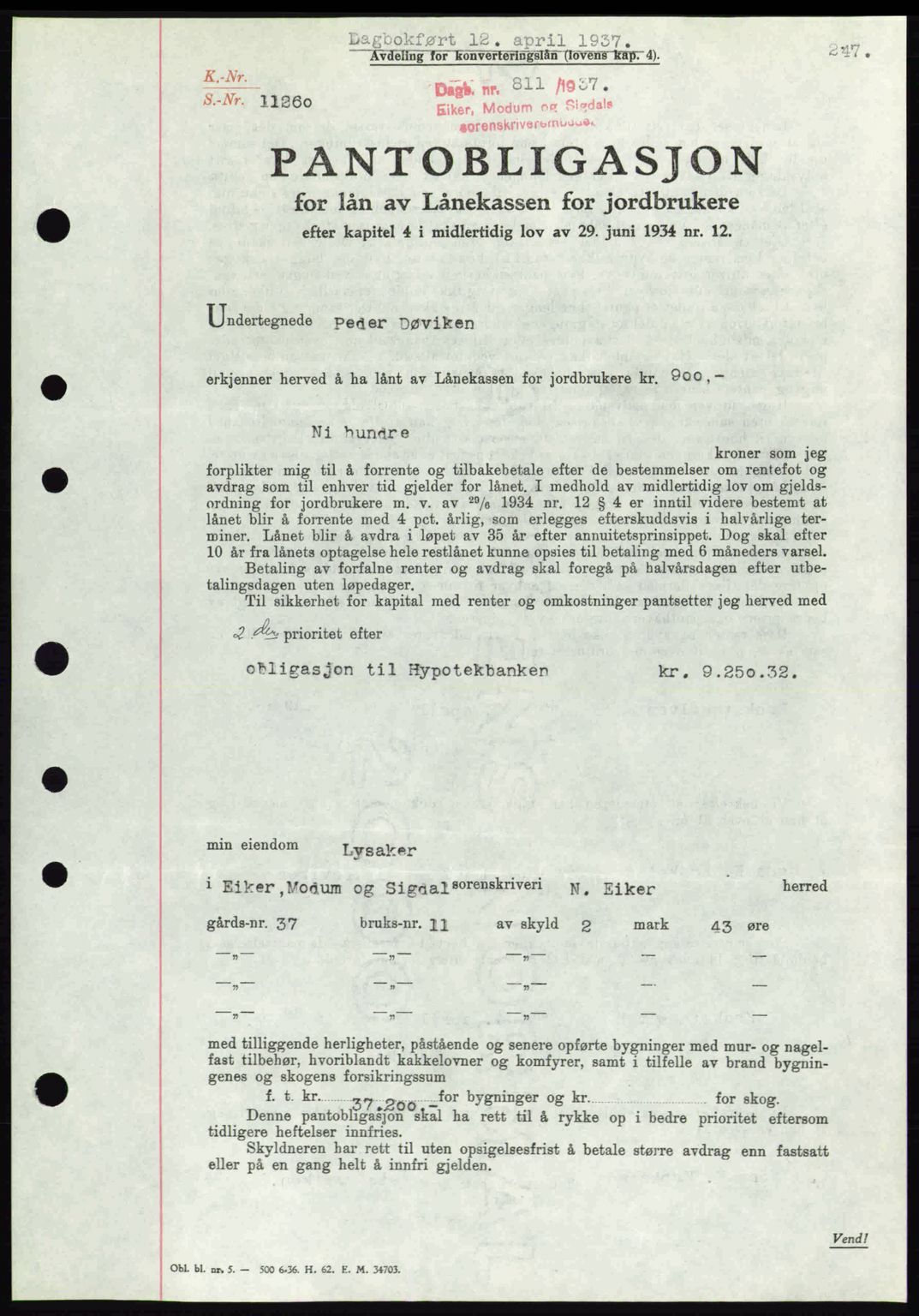 Eiker, Modum og Sigdal sorenskriveri, SAKO/A-123/G/Ga/Gab/L0035: Mortgage book no. A5, 1937-1937, Diary no: : 811/1937