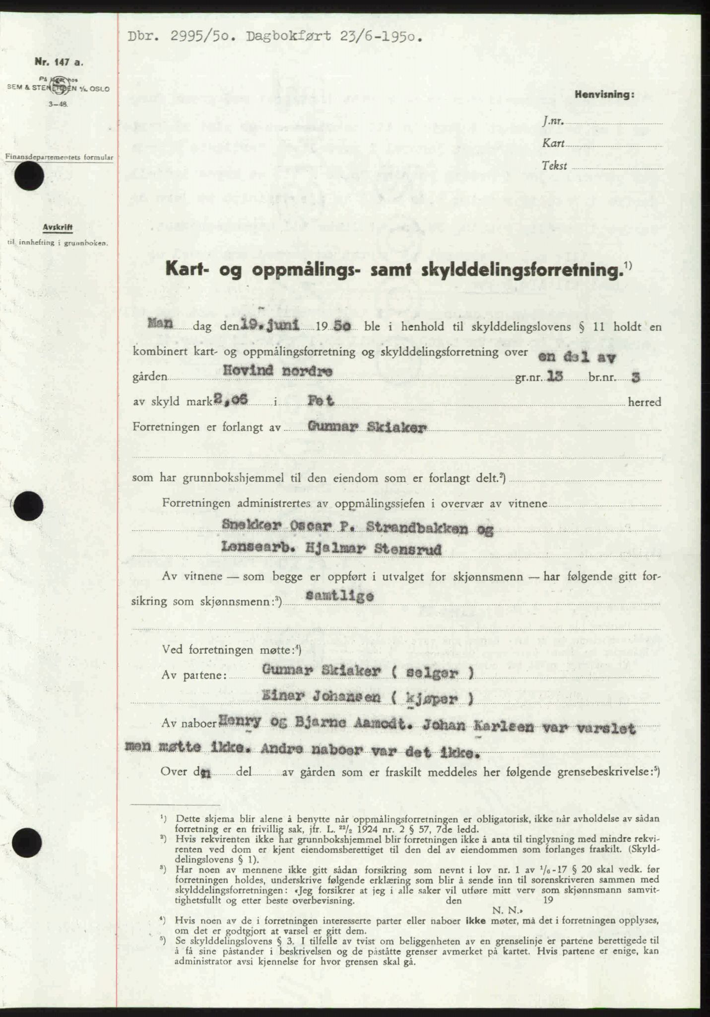 Nedre Romerike sorenskriveri, SAO/A-10469/G/Gb/Gbd/L0030: Mortgage book no. 30, 1950-1950, Diary no: : 2995/1950