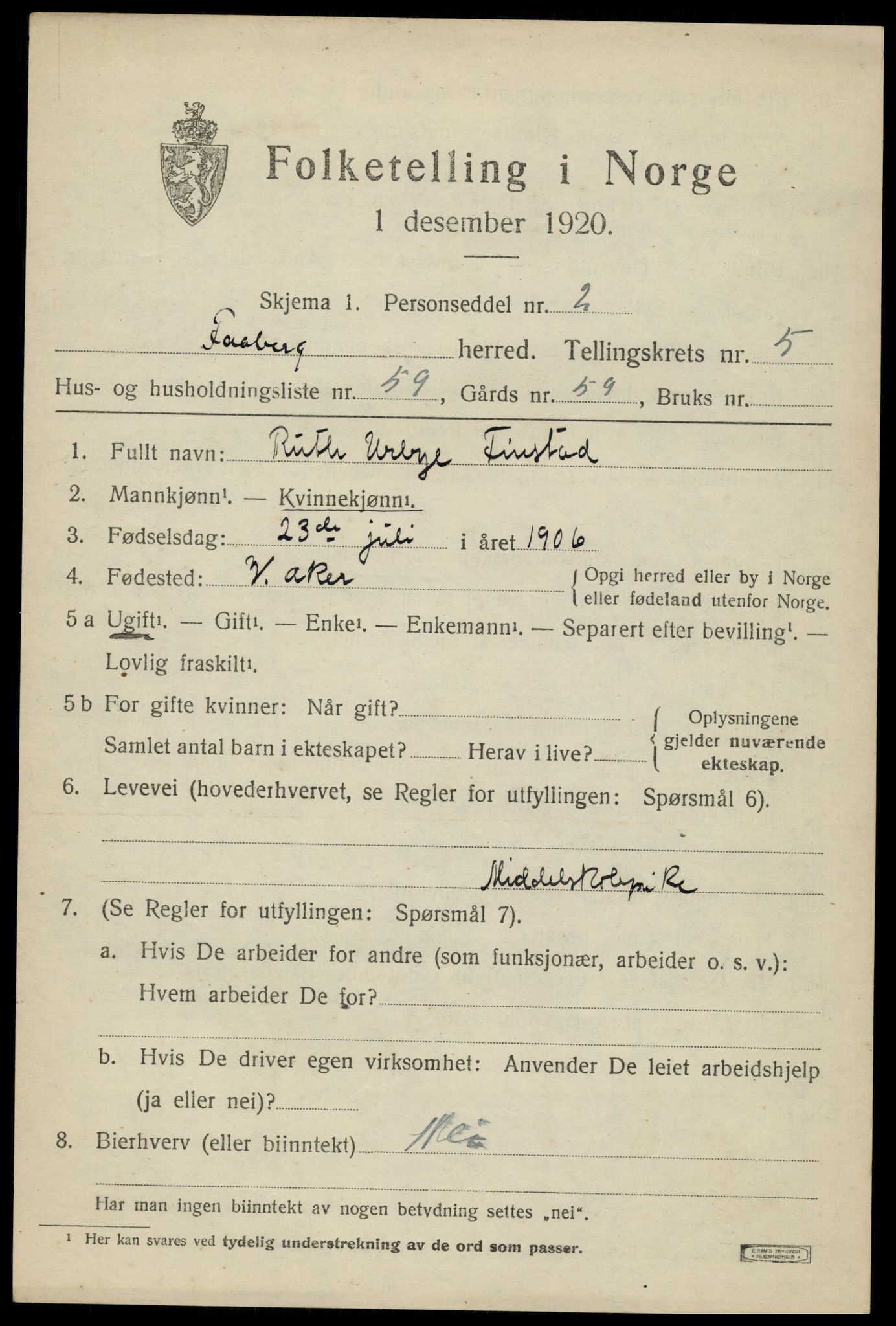 SAH, 1920 census for Fåberg, 1920, p. 6200