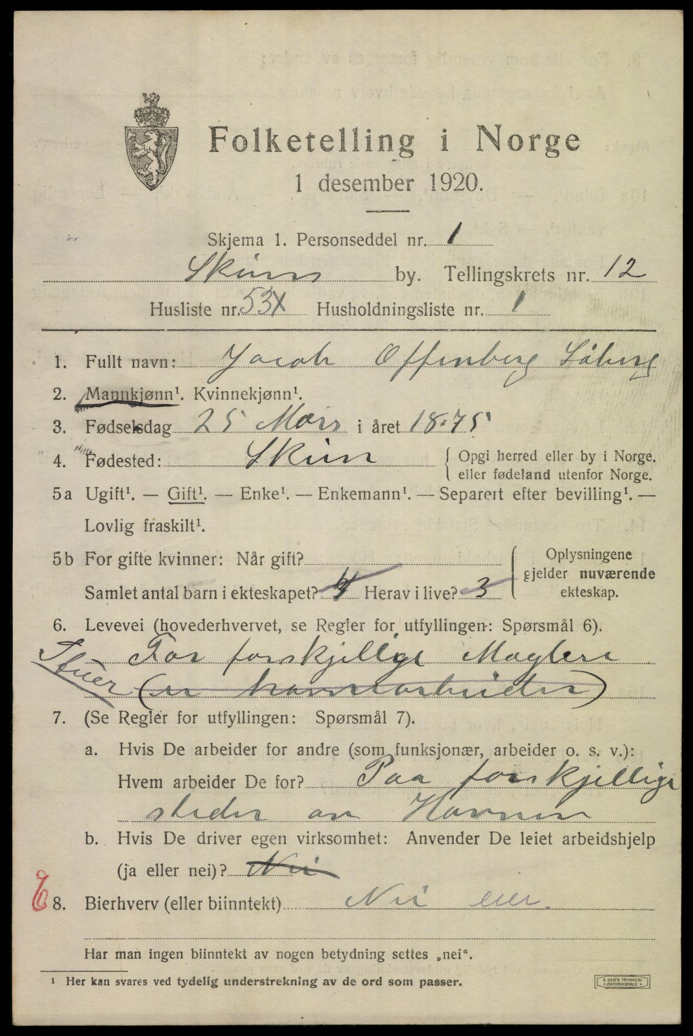 SAKO, 1920 census for Skien, 1920, p. 38192