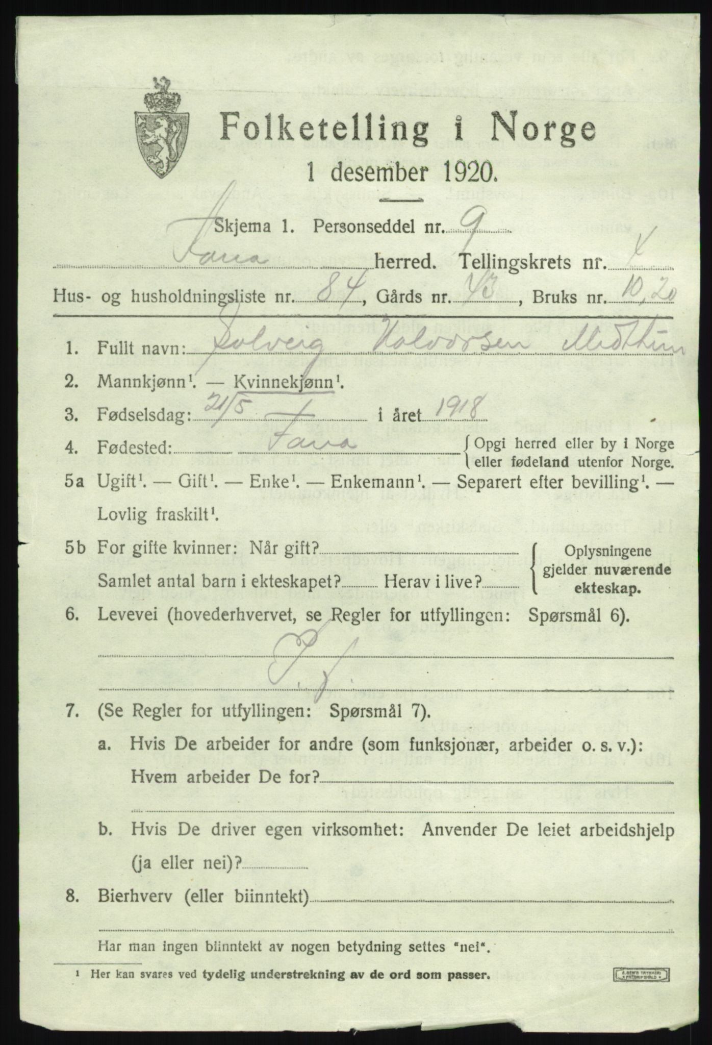 SAB, 1920 census for Fana, 1920, p. 7023