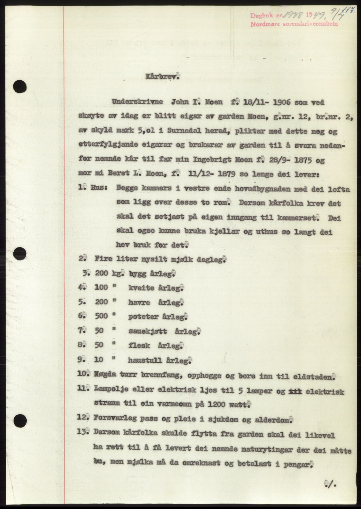 Nordmøre sorenskriveri, AV/SAT-A-4132/1/2/2Ca: Mortgage book no. B102, 1949-1949, Diary no: : 1938/1949