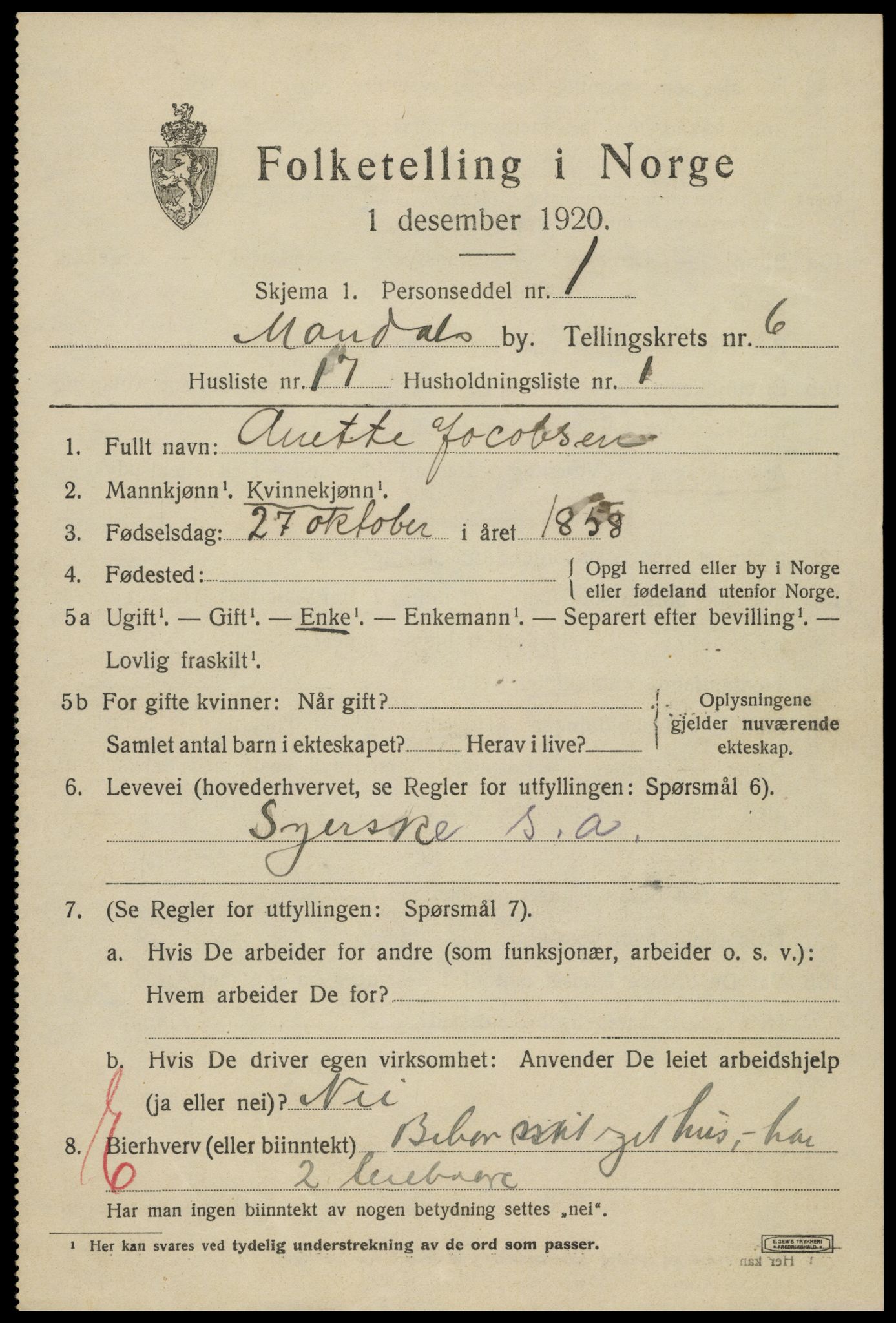 SAK, 1920 census for Mandal, 1920, p. 9303