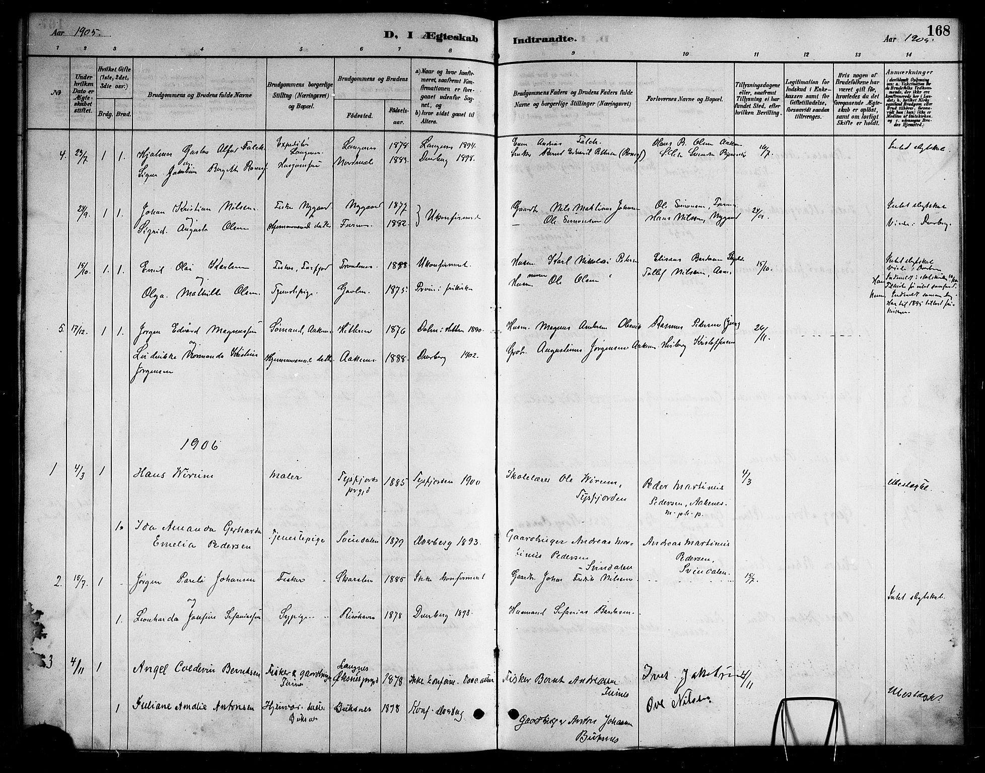 Ministerialprotokoller, klokkerbøker og fødselsregistre - Nordland, AV/SAT-A-1459/898/L1427: Parish register (copy) no. 898C02, 1887-1917, p. 168