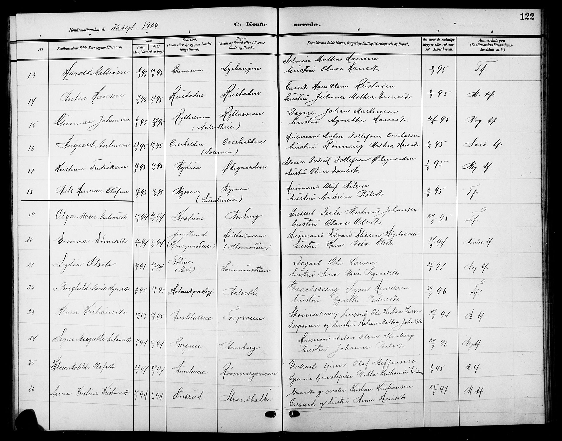 Biri prestekontor, SAH/PREST-096/H/Ha/Hab/L0005: Parish register (copy) no. 5, 1906-1919, p. 122