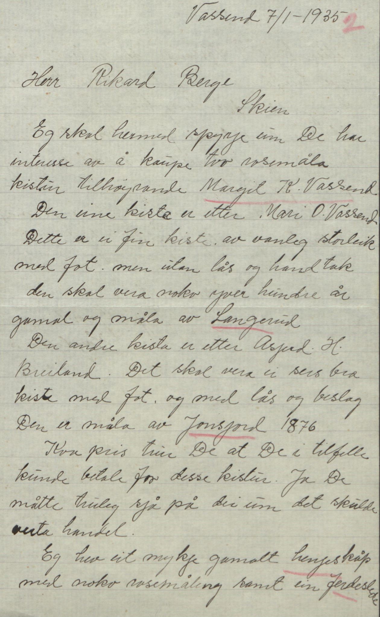 Rikard Berge, TEMU/TGM-A-1003/F/L0018/0056: 600-656 / 655 Brev, kataloger og andre papir til Rikard Berge. Konvolutten merka: Postpapir8, 1910-1950, p. 2