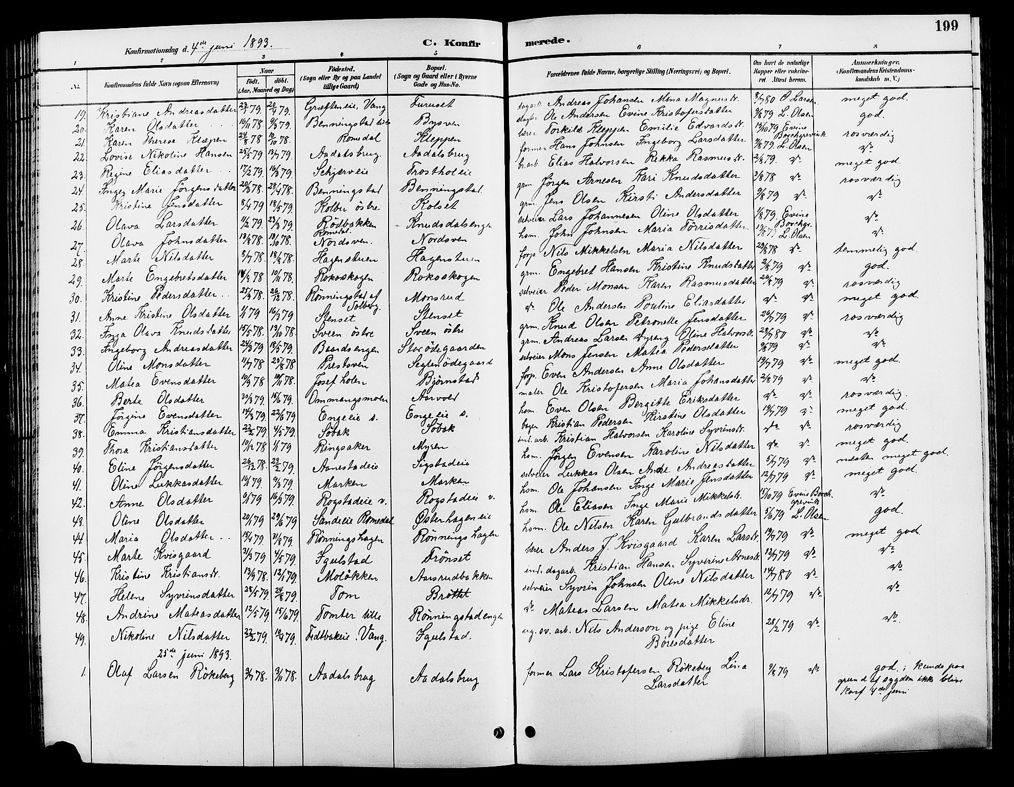 Løten prestekontor, SAH/PREST-022/L/La/L0006: Parish register (copy) no. 6, 1892-1909, p. 199