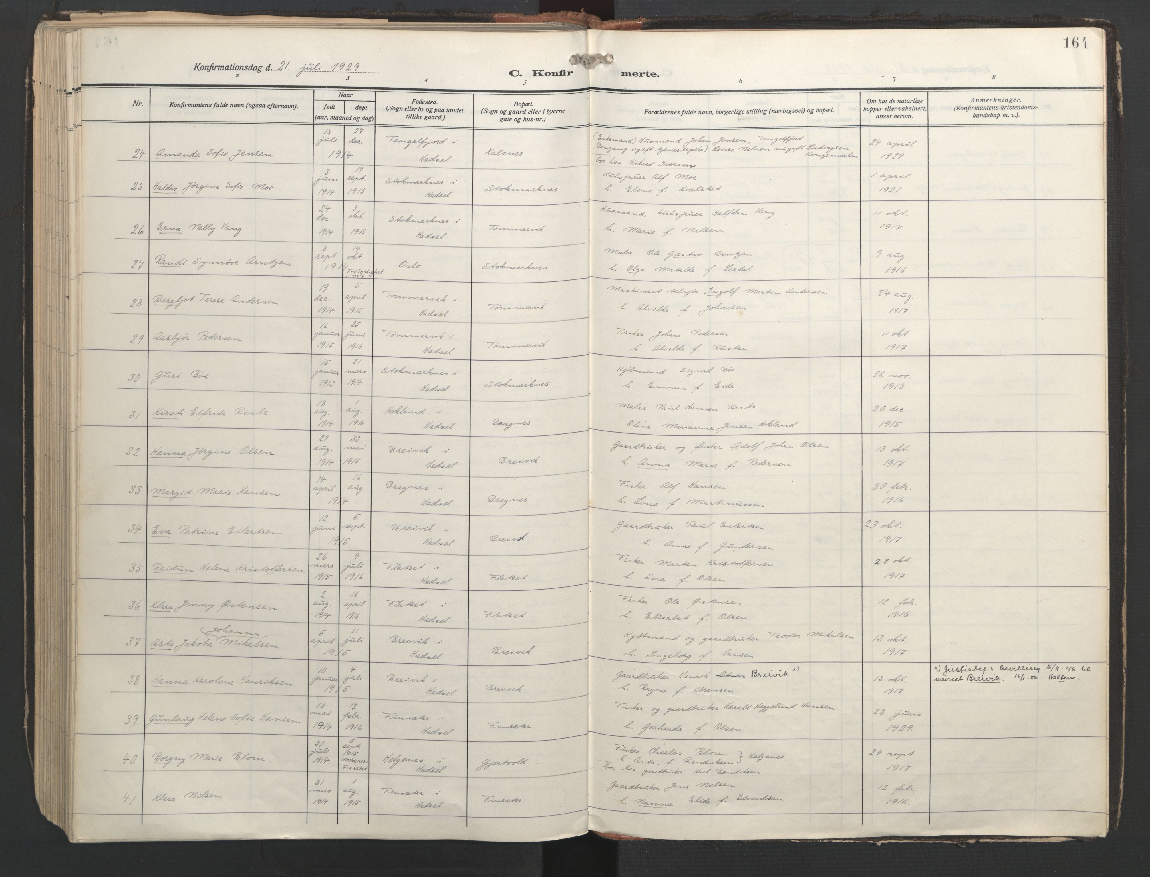 Ministerialprotokoller, klokkerbøker og fødselsregistre - Nordland, AV/SAT-A-1459/888/L1249: Parish register (official) no. 888A15, 1911-1929, p. 164