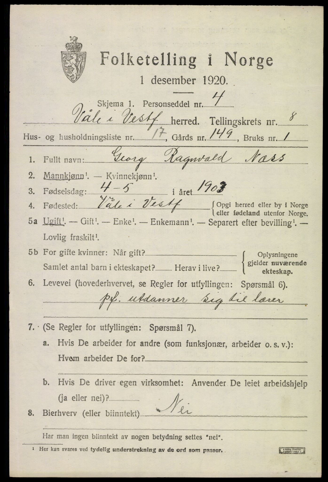 SAKO, 1920 census for Våle, 1920, p. 6342