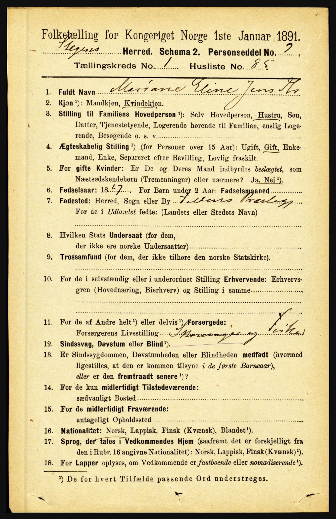 RA, 1891 census for 1848 Steigen, 1891, p. 607