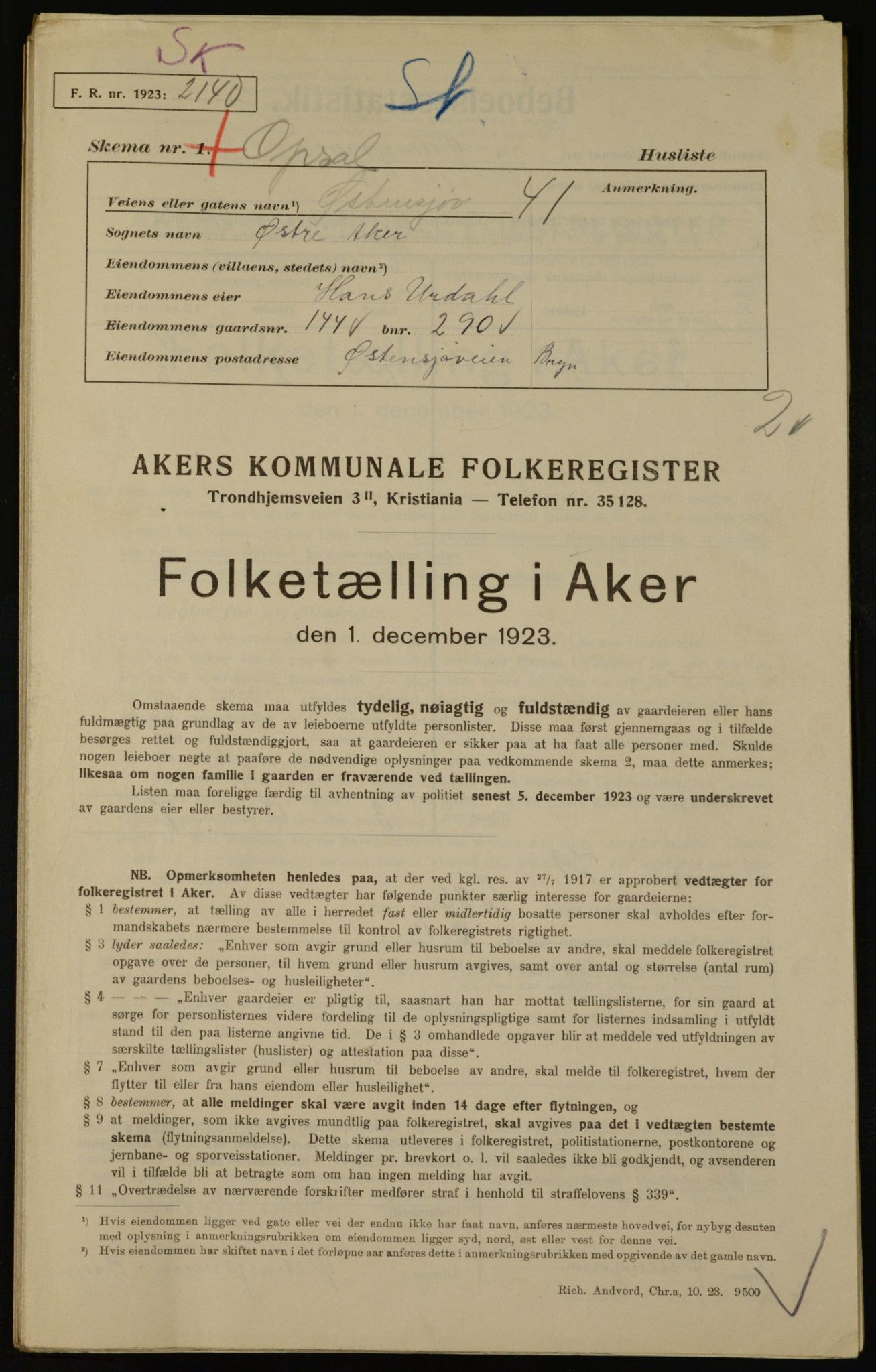 , Municipal Census 1923 for Aker, 1923, p. 36027