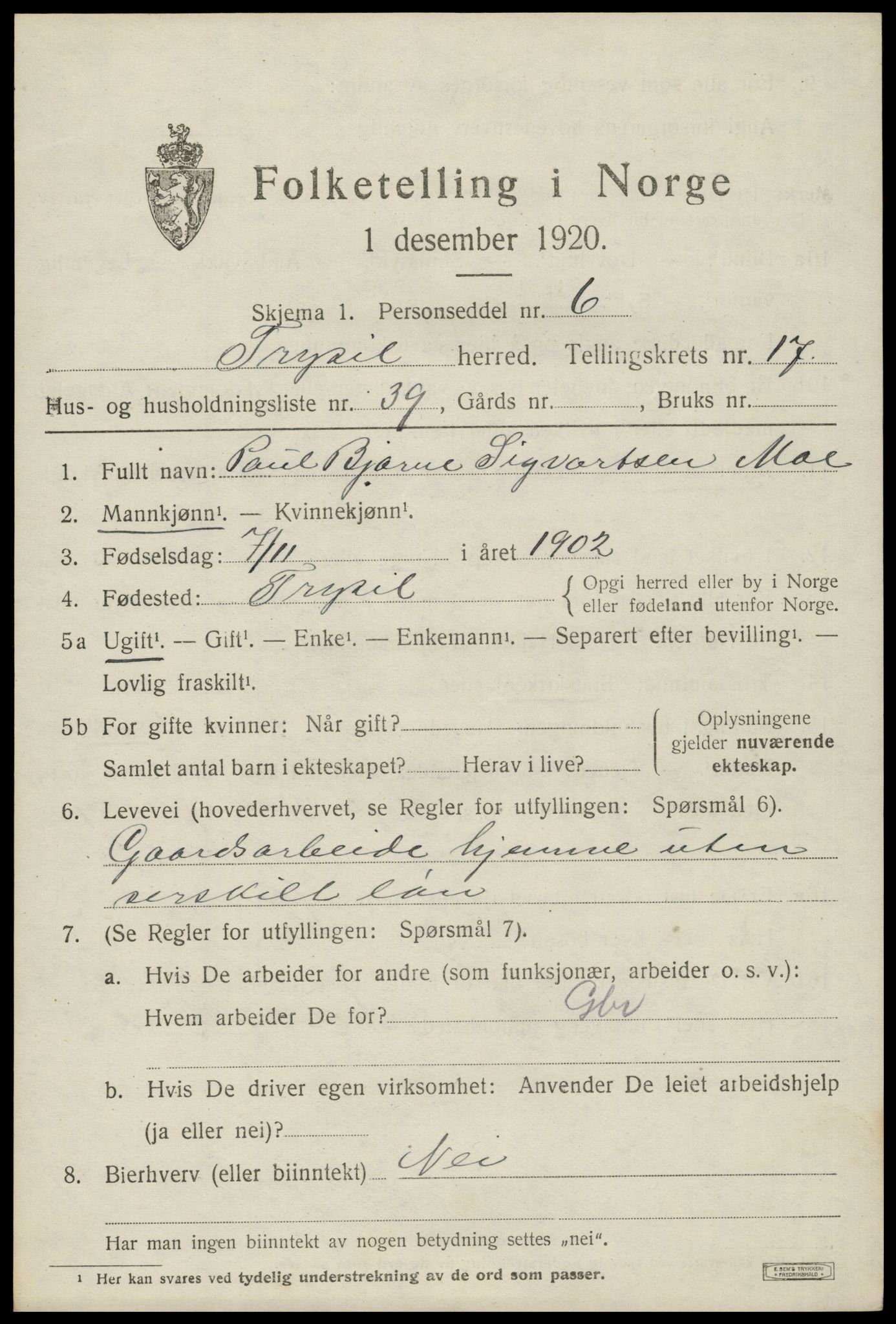 SAH, 1920 census for Trysil, 1920, p. 10659