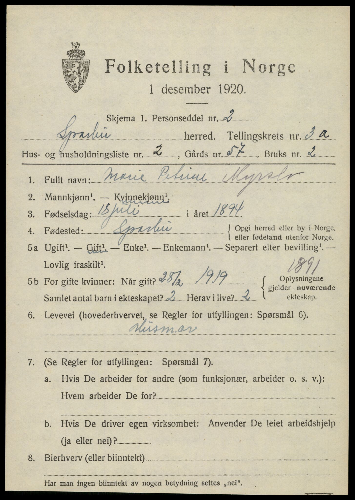 SAT, 1920 census for Sparbu, 1920, p. 4185