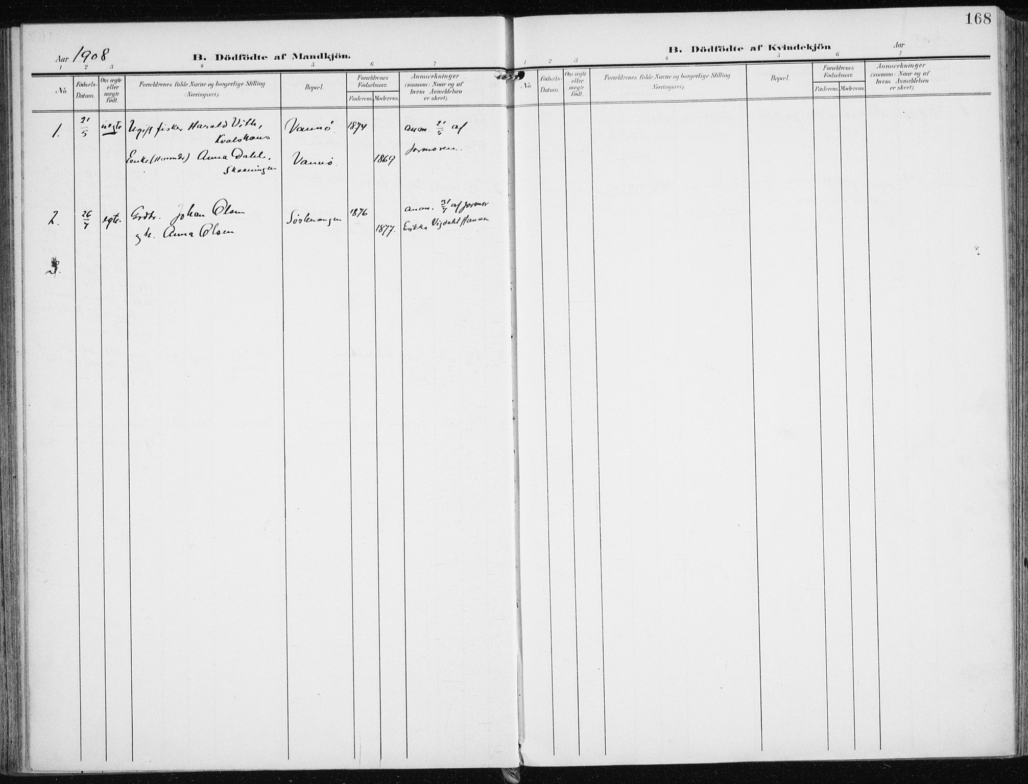 Karlsøy sokneprestembete, AV/SATØ-S-1299/H/Ha/Haa/L0014kirke: Parish register (official) no. 14, 1903-1917, p. 168