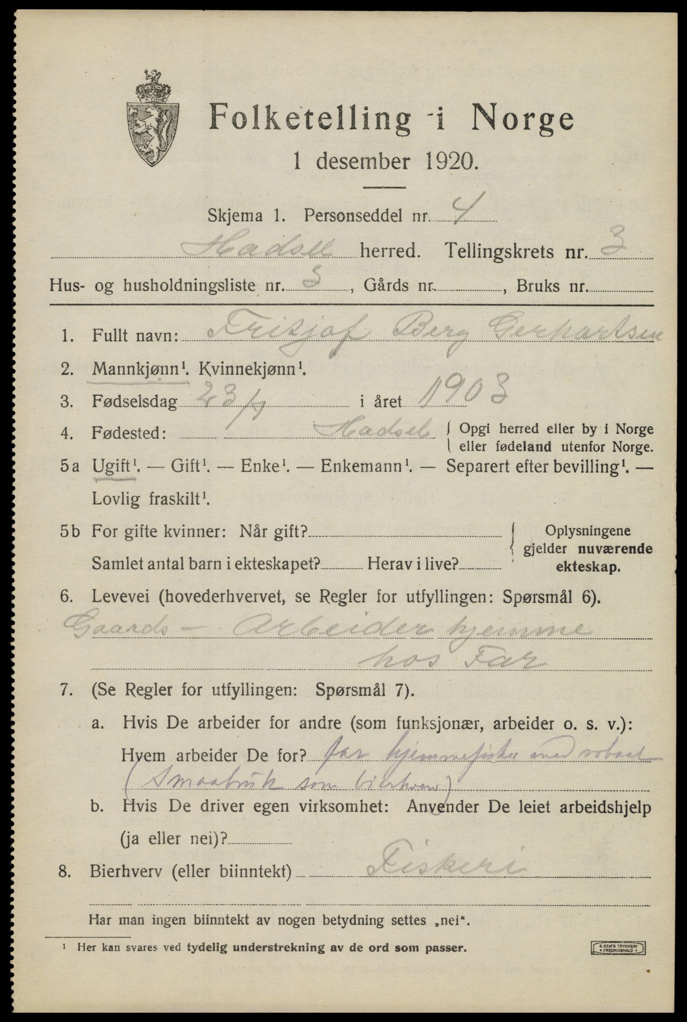 SAT, 1920 census for Hadsel, 1920, p. 5086