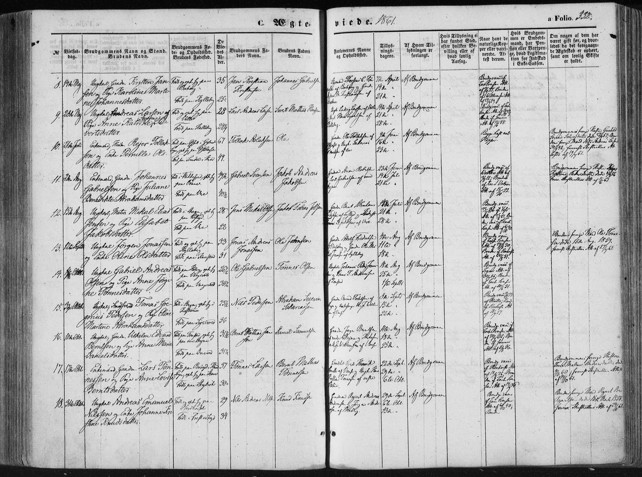 Lista sokneprestkontor, SAK/1111-0027/F/Fa/L0011: Parish register (official) no. A 11, 1861-1878, p. 332
