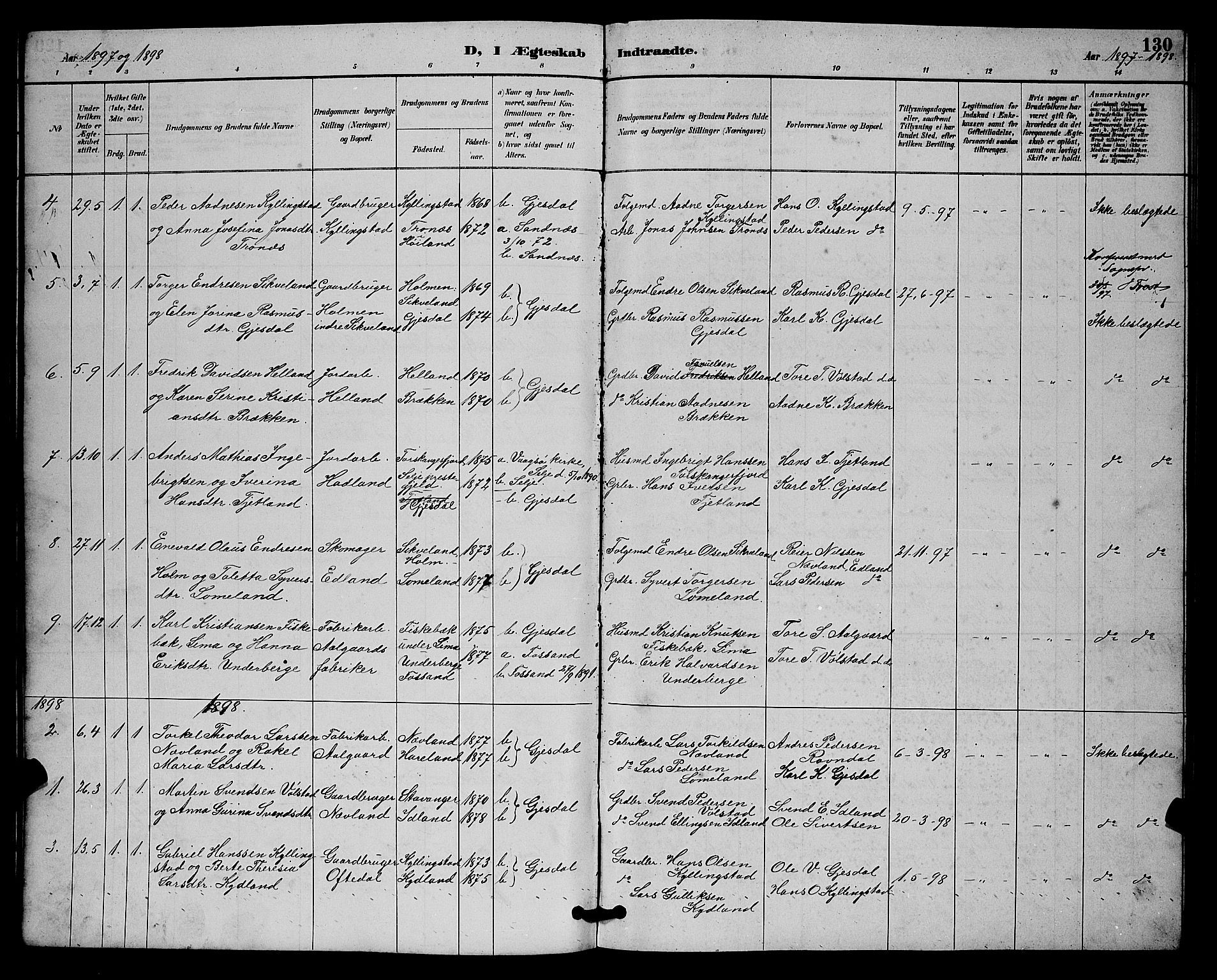 Lye sokneprestkontor, SAST/A-101794/001/30BB/L0008: Parish register (copy) no. B 7, 1887-1901, p. 130