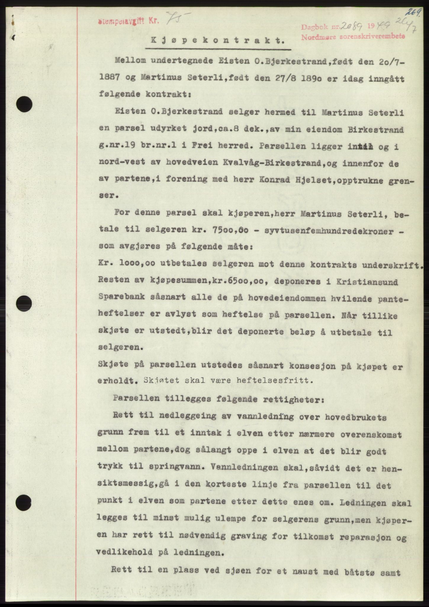 Nordmøre sorenskriveri, AV/SAT-A-4132/1/2/2Ca: Mortgage book no. B102, 1949-1949, Diary no: : 2089/1949