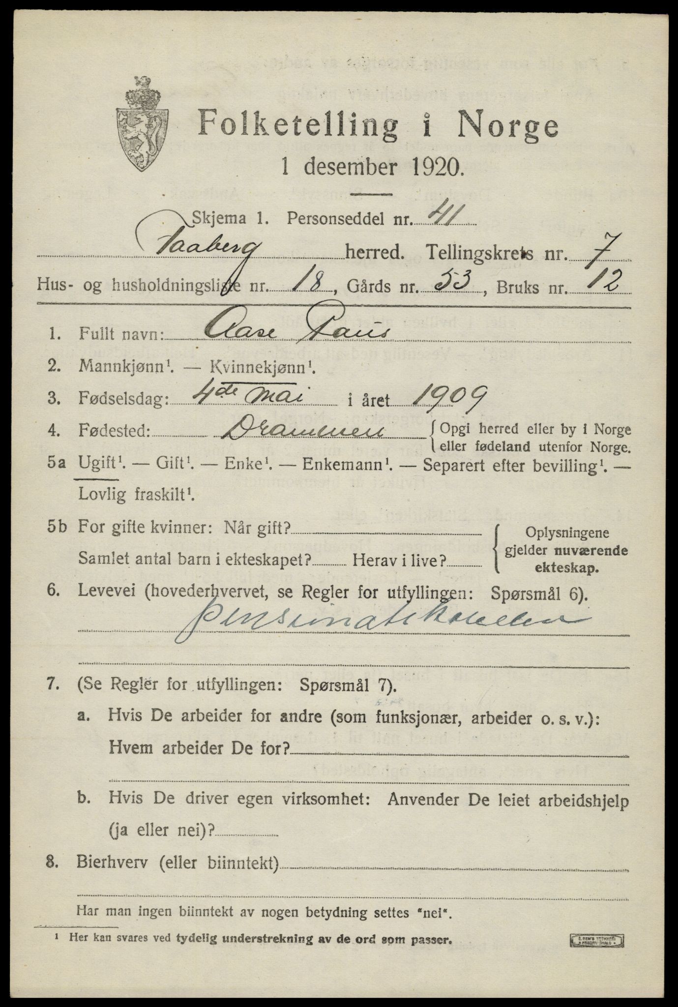 SAH, 1920 census for Fåberg, 1920, p. 8150
