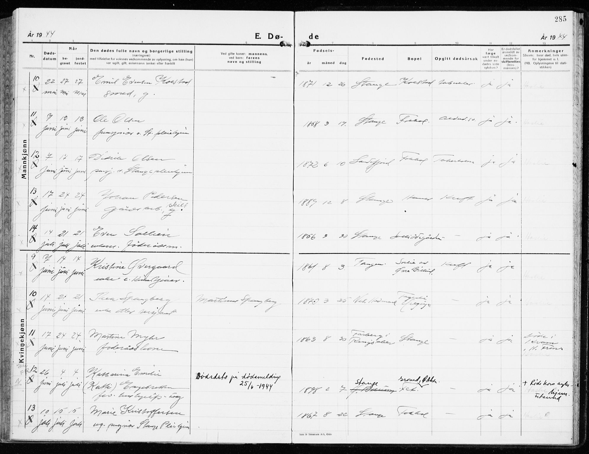 Stange prestekontor, SAH/PREST-002/K/L0027: Parish register (official) no. 27, 1937-1947, p. 285