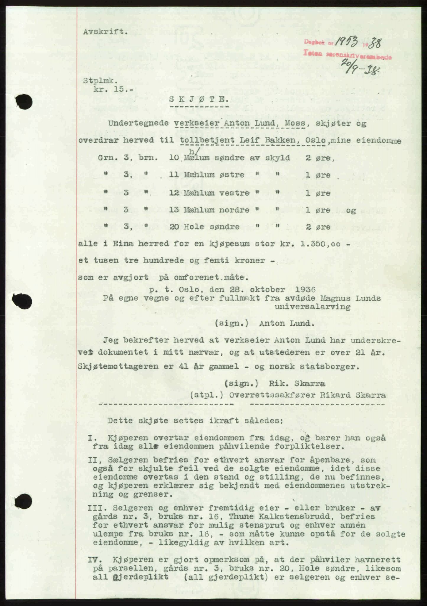 Toten tingrett, SAH/TING-006/H/Hb/Hbc/L0004: Mortgage book no. Hbc-04, 1938-1938, Diary no: : 1953/1938