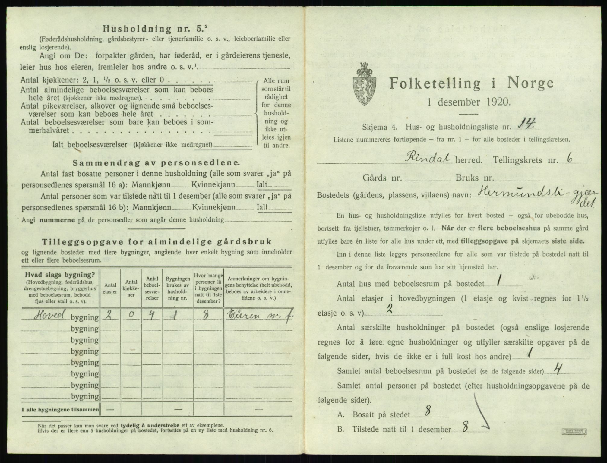 SAT, 1920 census for Rindal, 1920, p. 458