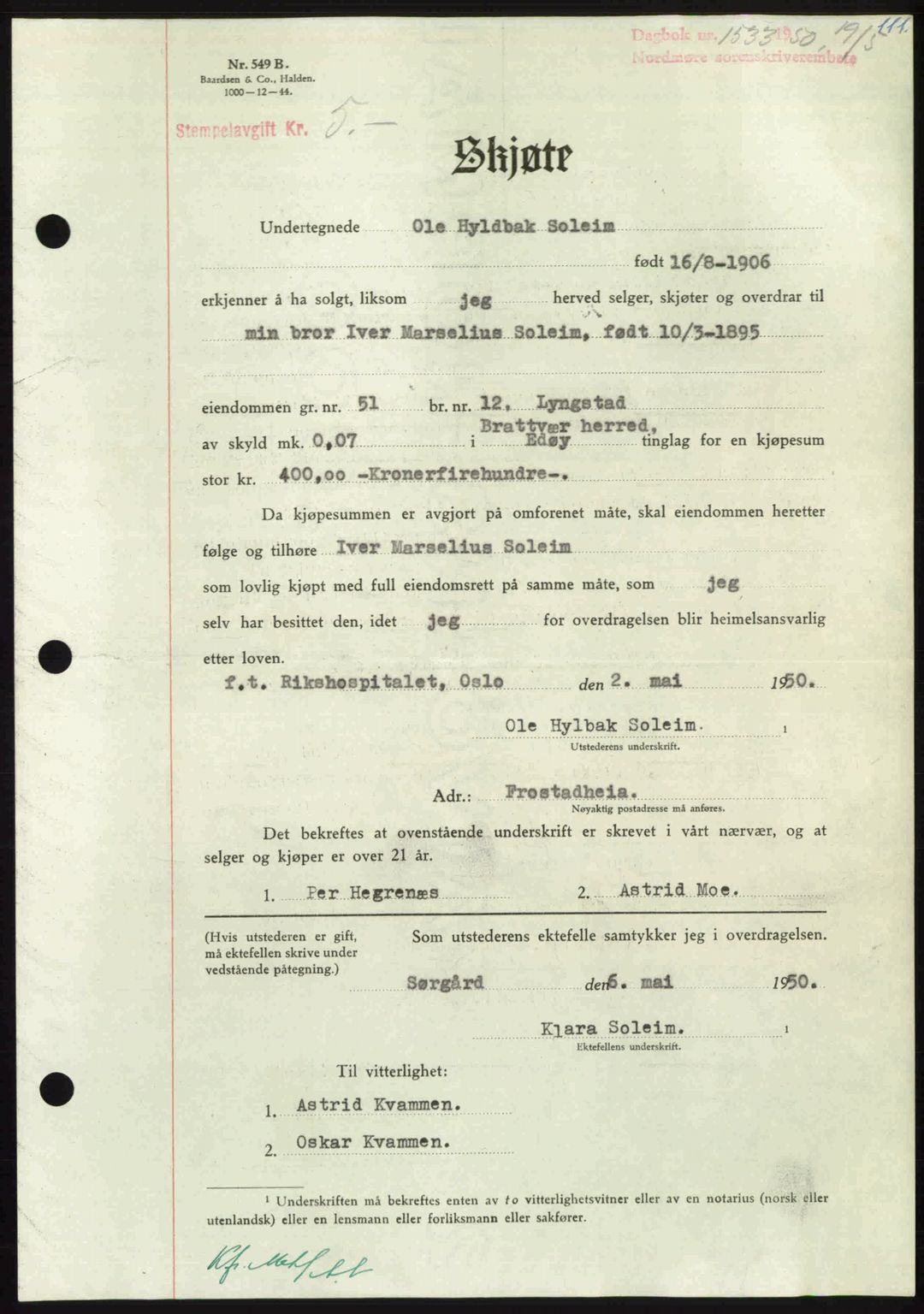 Nordmøre sorenskriveri, AV/SAT-A-4132/1/2/2Ca: Mortgage book no. A115, 1950-1950, Diary no: : 1533/1950