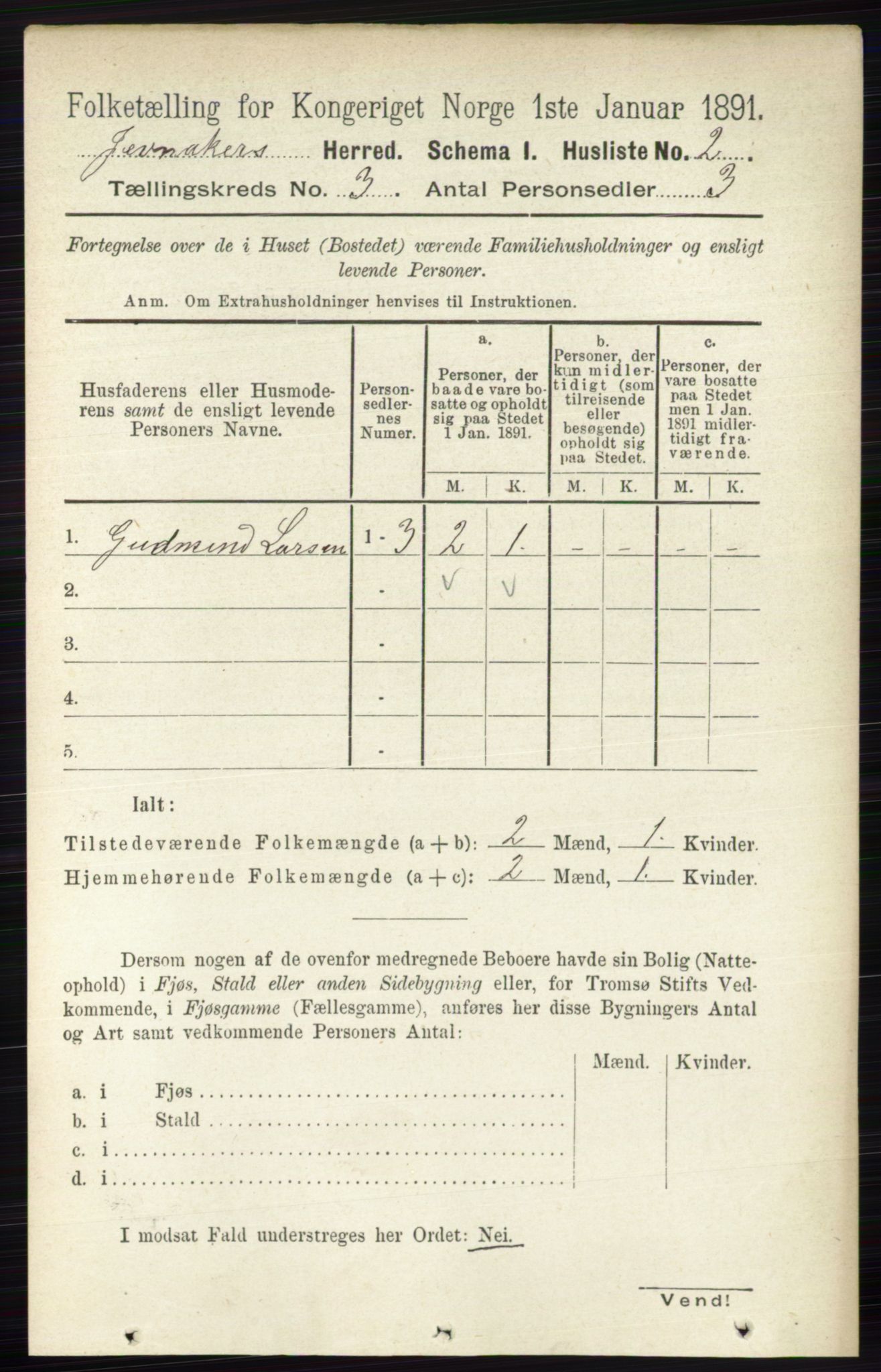 RA, 1891 census for 0532 Jevnaker, 1891, p. 1077