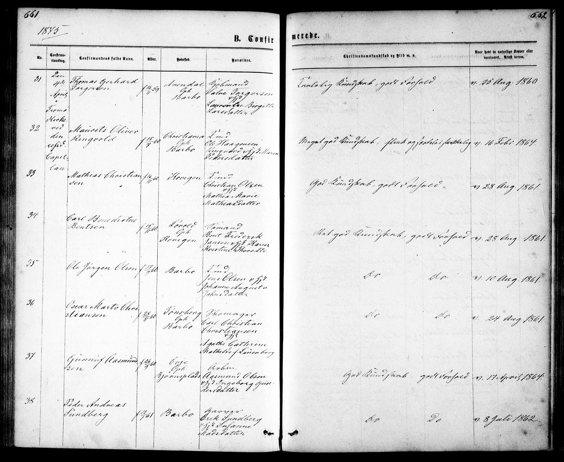 Tromøy sokneprestkontor, AV/SAK-1111-0041/F/Fa/L0008: Parish register (official) no. A 8, 1870-1877, p. 661-662