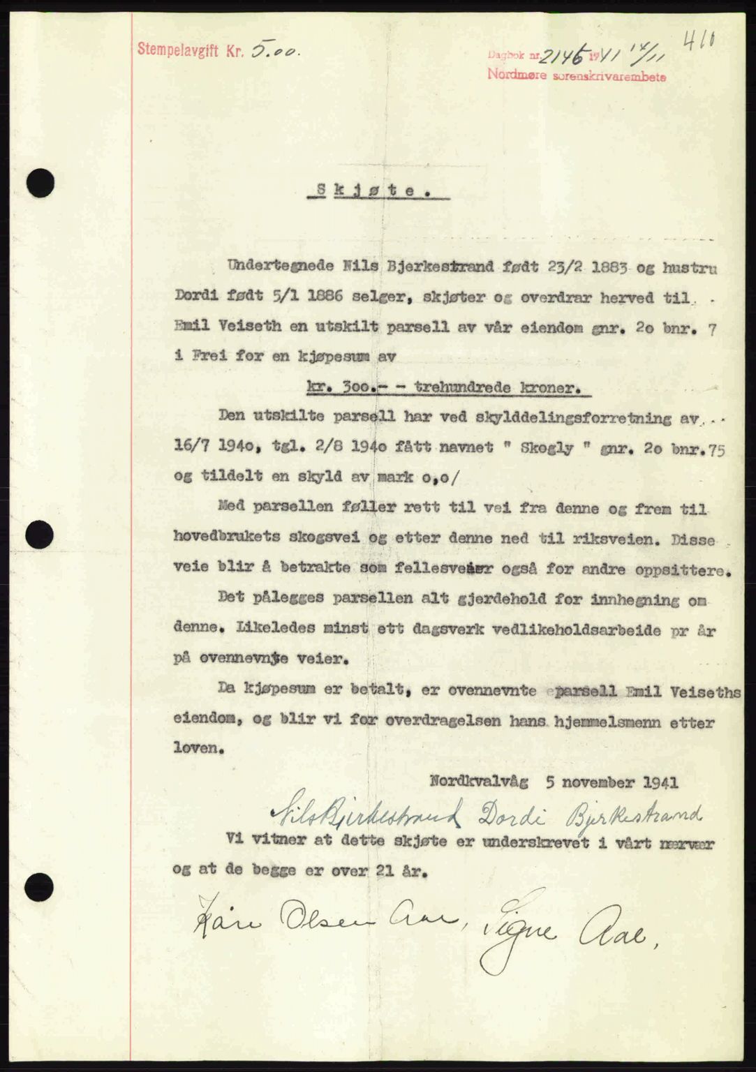 Nordmøre sorenskriveri, AV/SAT-A-4132/1/2/2Ca: Mortgage book no. A91, 1941-1942, Diary no: : 2146/1941