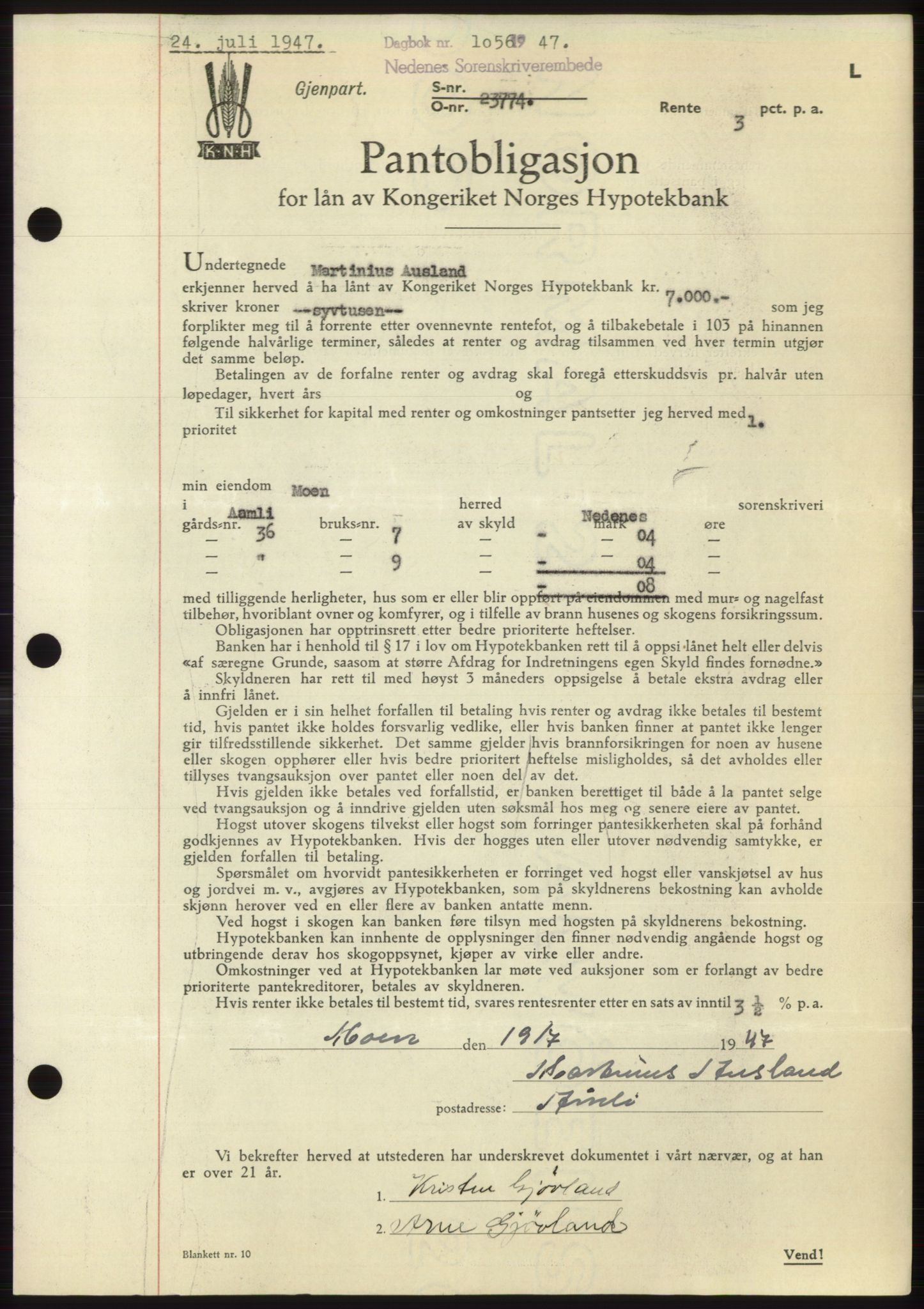 Nedenes sorenskriveri, AV/SAK-1221-0006/G/Gb/Gbb/L0004: Mortgage book no. B4, 1947-1947, Diary no: : 1056/1947