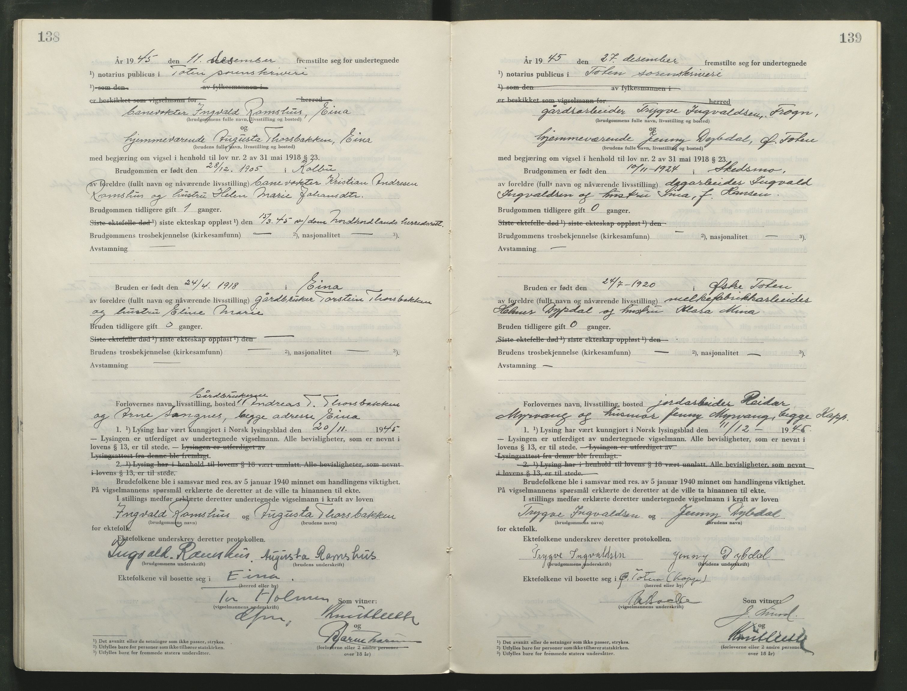 Toten tingrett, AV/SAH-TING-006/L/Lc/L0005: Vigselbok, 1944-1948, p. 138-139