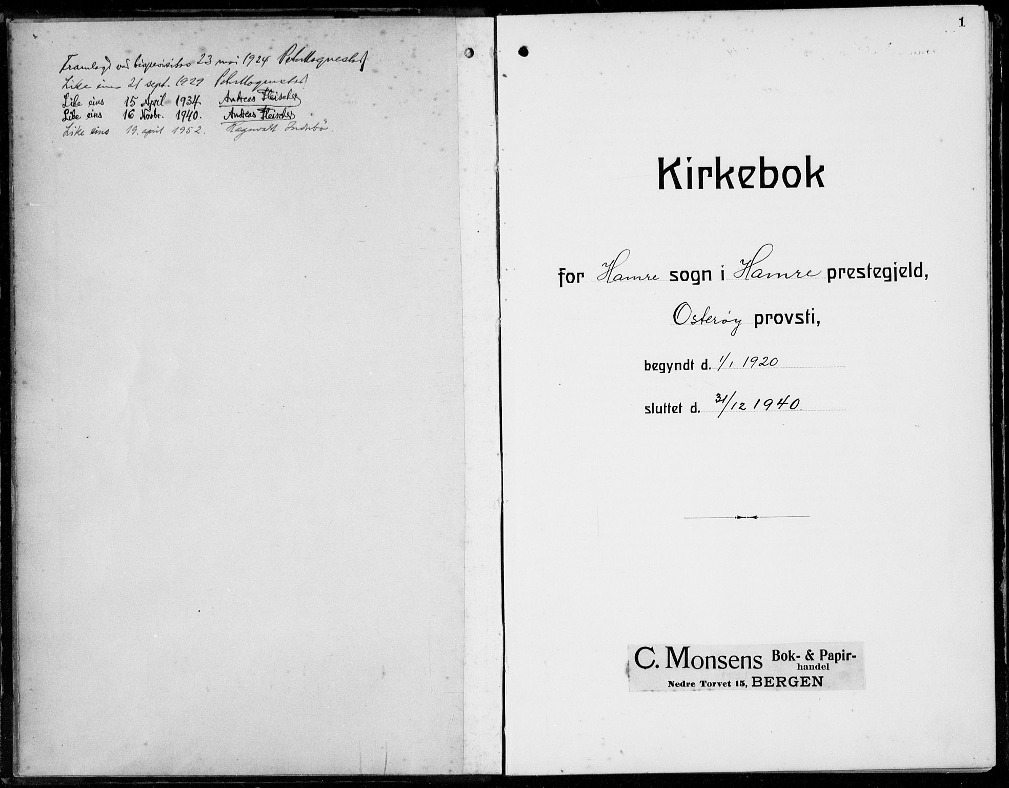 Hamre sokneprestembete, SAB/A-75501/H/Ha/Hab: Parish register (copy) no. B 5, 1920-1940, p. 1