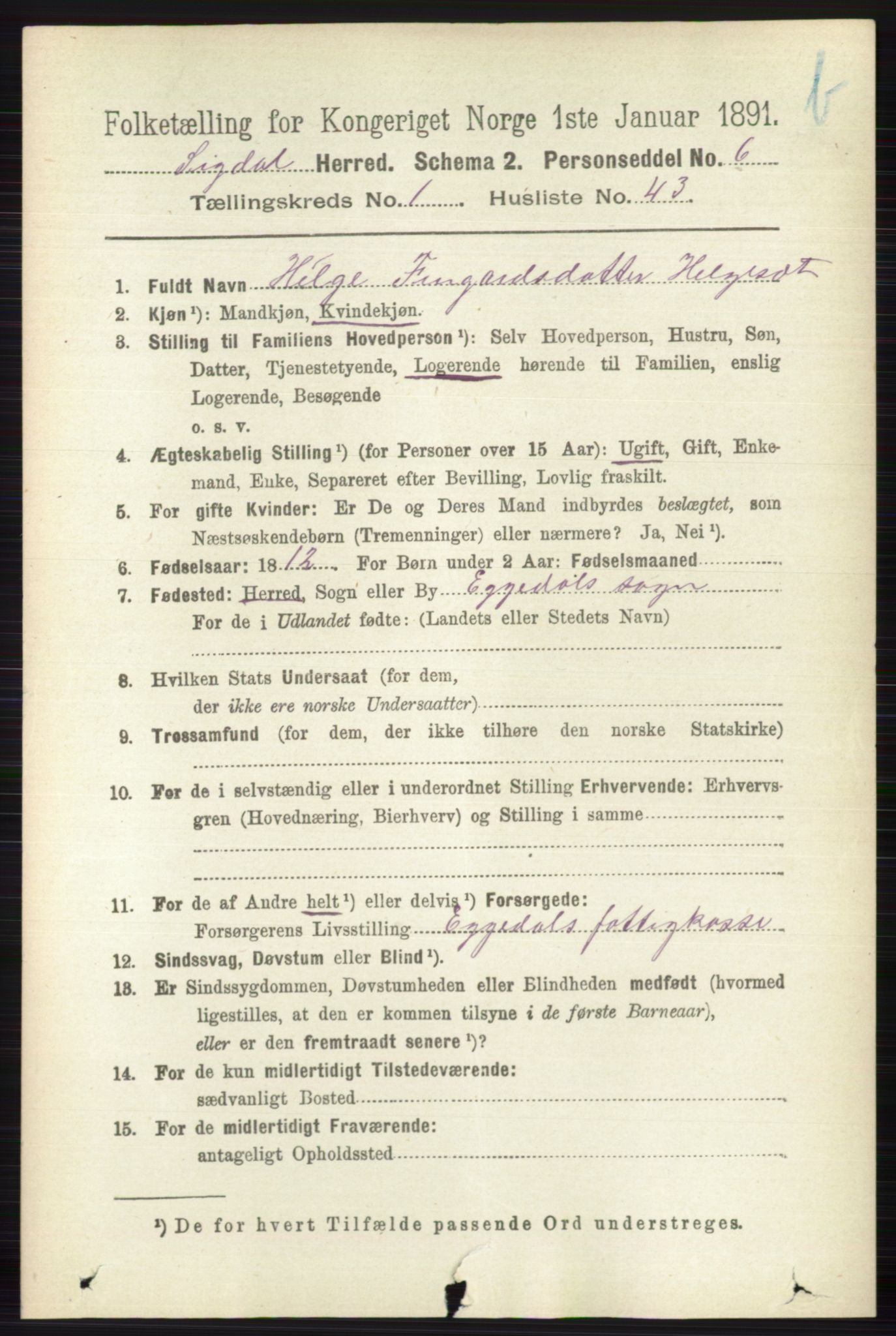 RA, 1891 census for 0621 Sigdal, 1891, p. 3854