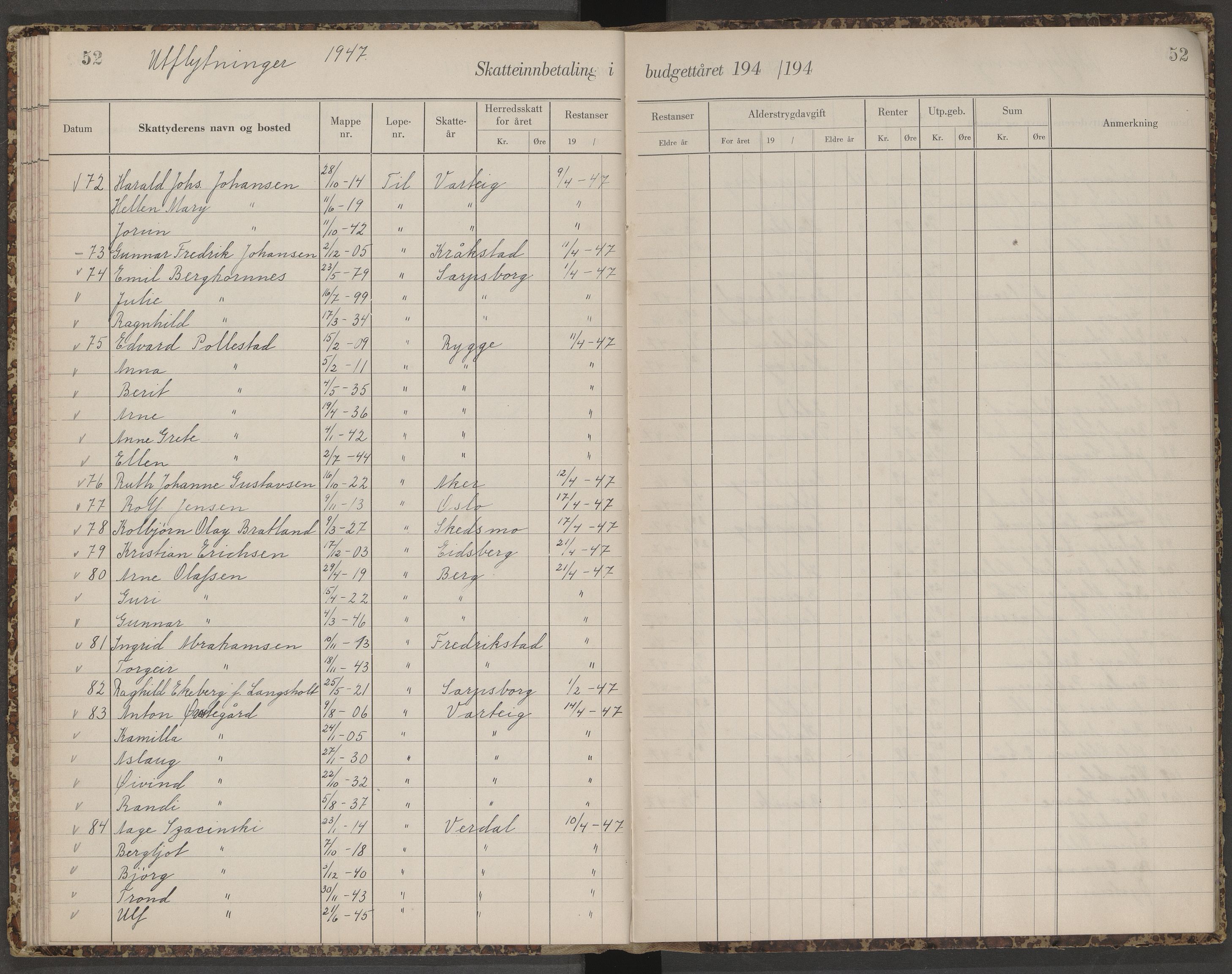 Skjeberg folkeregister, AV/SAO-A-10495/K/Ka/L0003: Fortegnelse over inn- og utflyttede, 1943-1947, p. 52