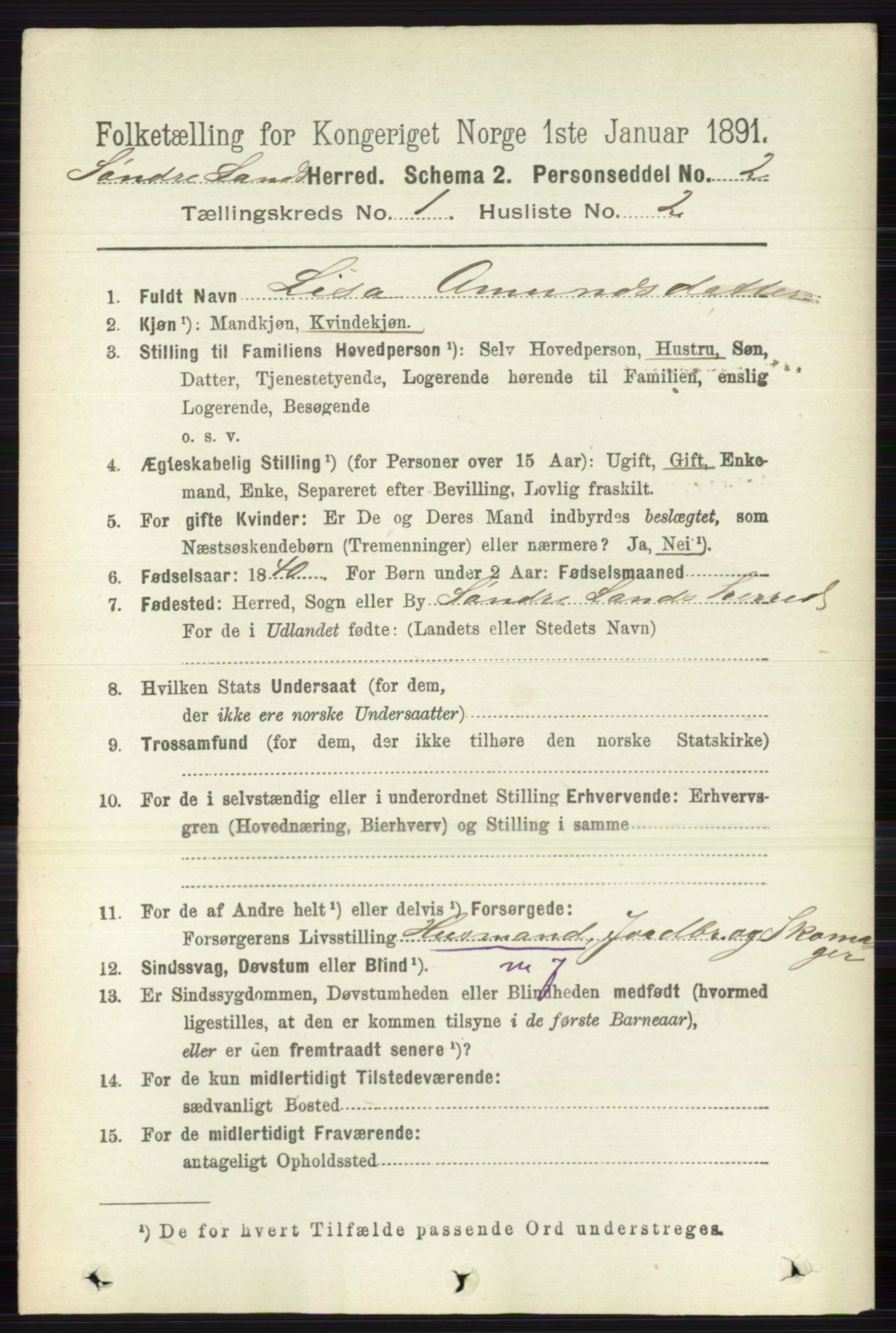 RA, 1891 census for 0536 Søndre Land, 1891, p. 147