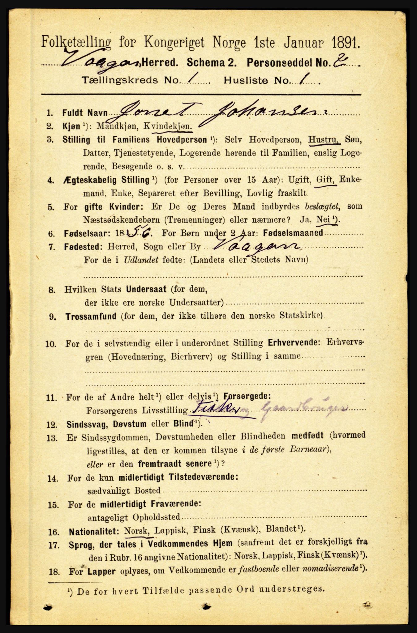 RA, 1891 census for 1865 Vågan, 1891, p. 97