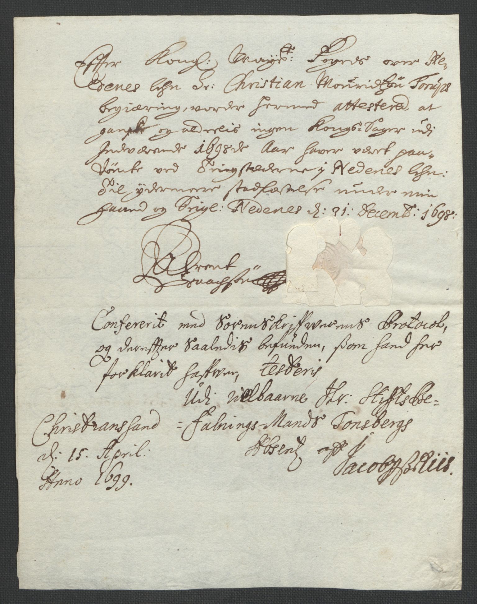 Rentekammeret inntil 1814, Reviderte regnskaper, Fogderegnskap, AV/RA-EA-4092/R39/L2314: Fogderegnskap Nedenes, 1698-1699, p. 42