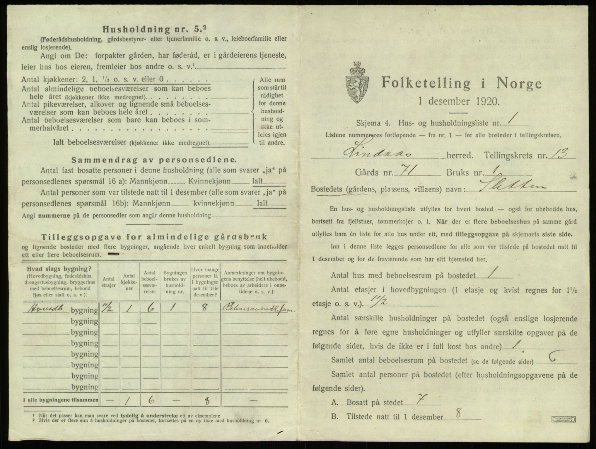 SAB, 1920 census for Lindås, 1920, p. 825