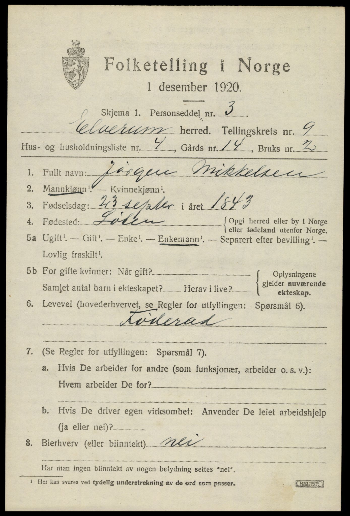 SAH, 1920 census for Elverum, 1920, p. 15594