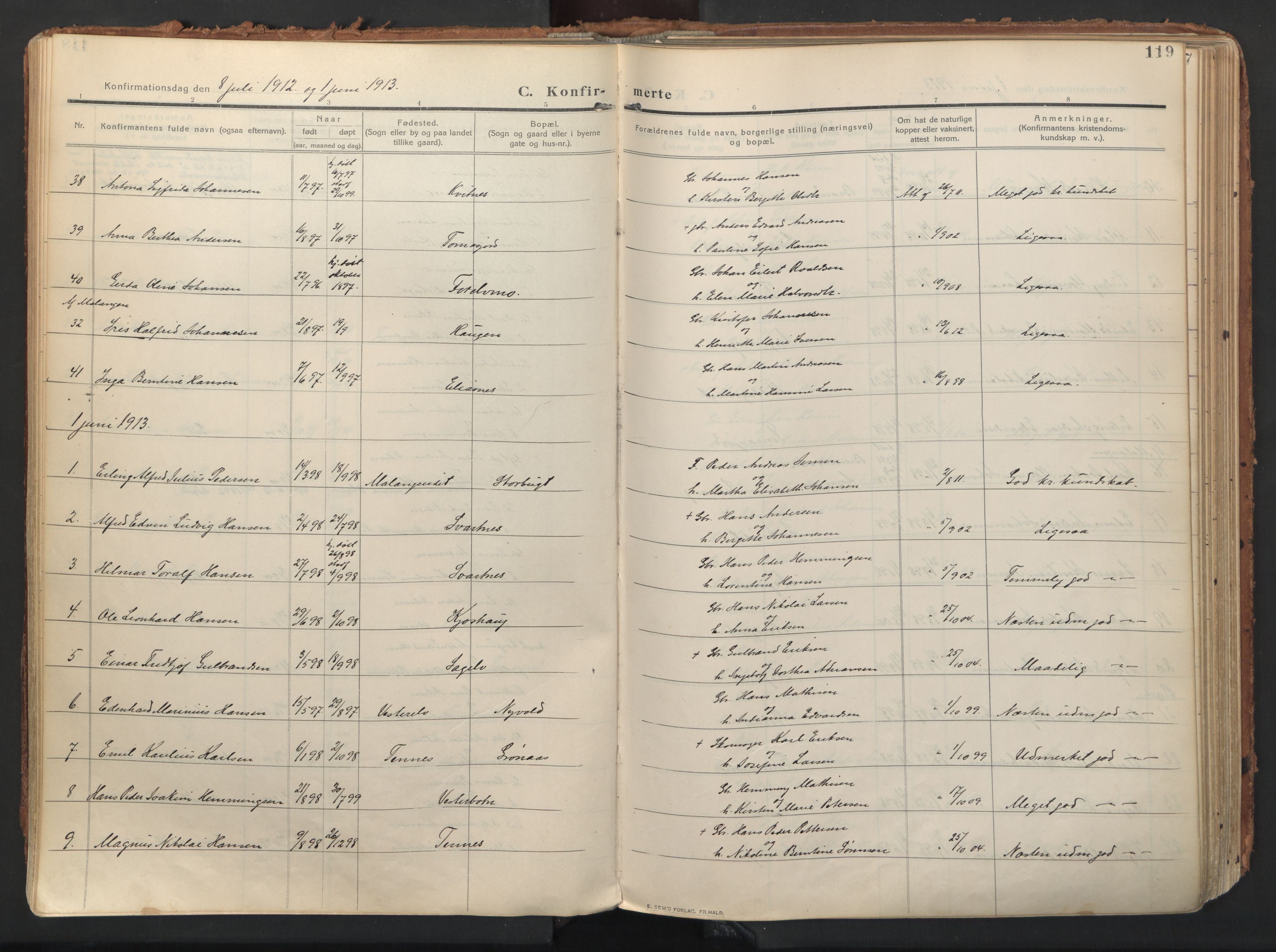 Balsfjord sokneprestembete, AV/SATØ-S-1303/G/Gaa/L0009kirke: Parish register (official) no. 9, 1909-1921, p. 119